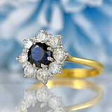 Ellibelle Jewellery Vintage 1977 Sapphire & Diamond 18ct Gold Round Cluster Ring