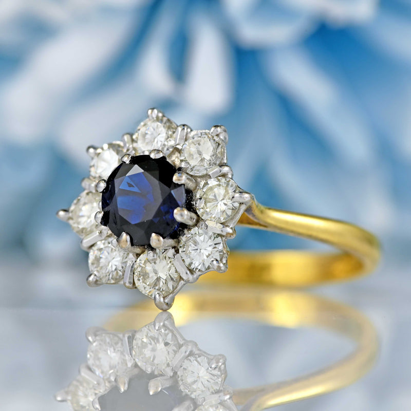 Ellibelle Jewellery Vintage 1977 Sapphire & Diamond 18ct Gold Round Cluster Ring