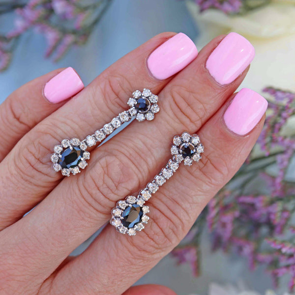 Ellibelle Jewellery Vintage 1977 Sapphire & Diamond 18ct White Gold Pendant Drop Earrings