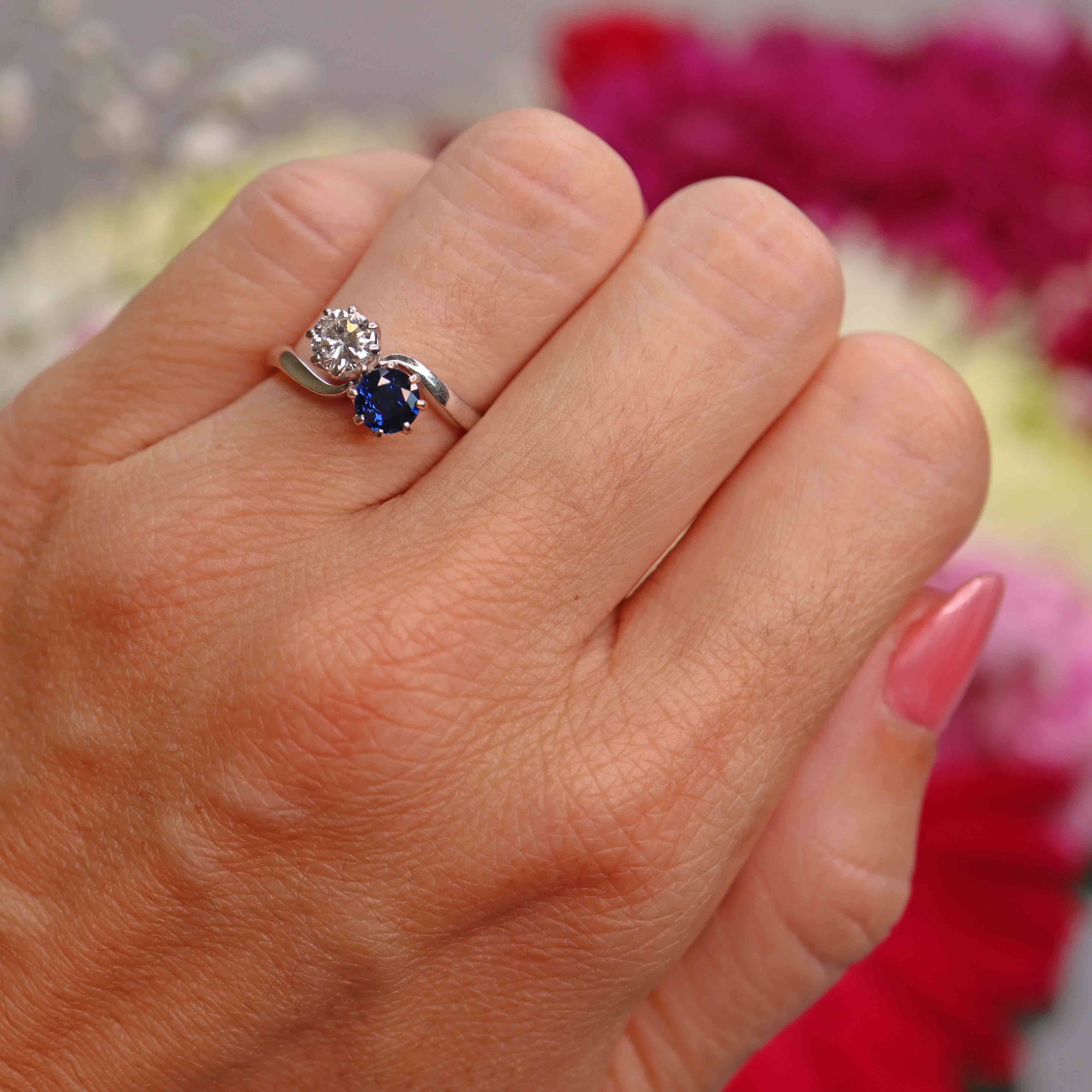 Ellibelle Jewellery Vintage 1977 Sapphire & Diamond 18ct White Gold 'Toi et Moi' Engagement Ring