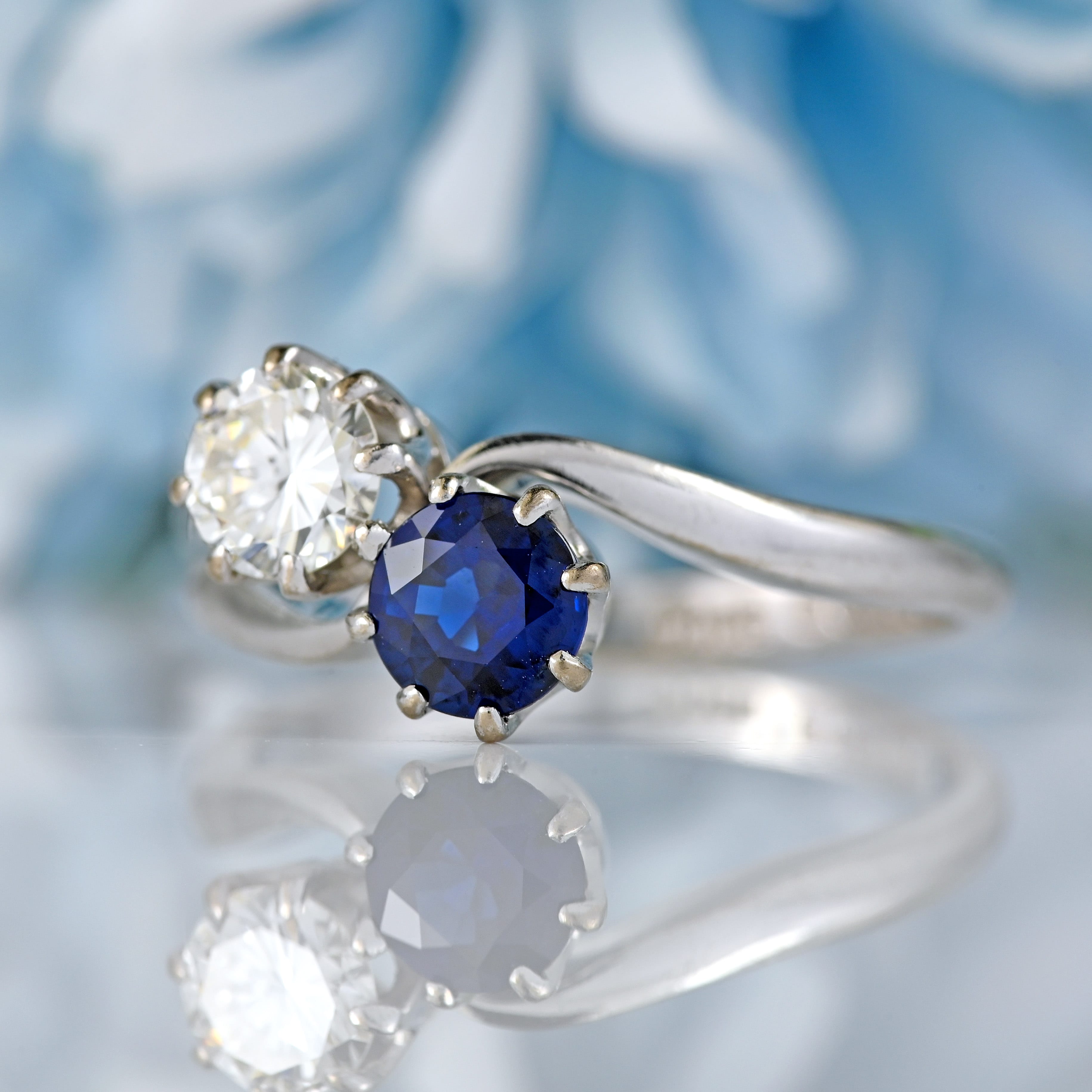 Ellibelle Jewellery Vintage 1977 Sapphire & Diamond 18ct White Gold 'Toi et Moi' Engagement Ring
