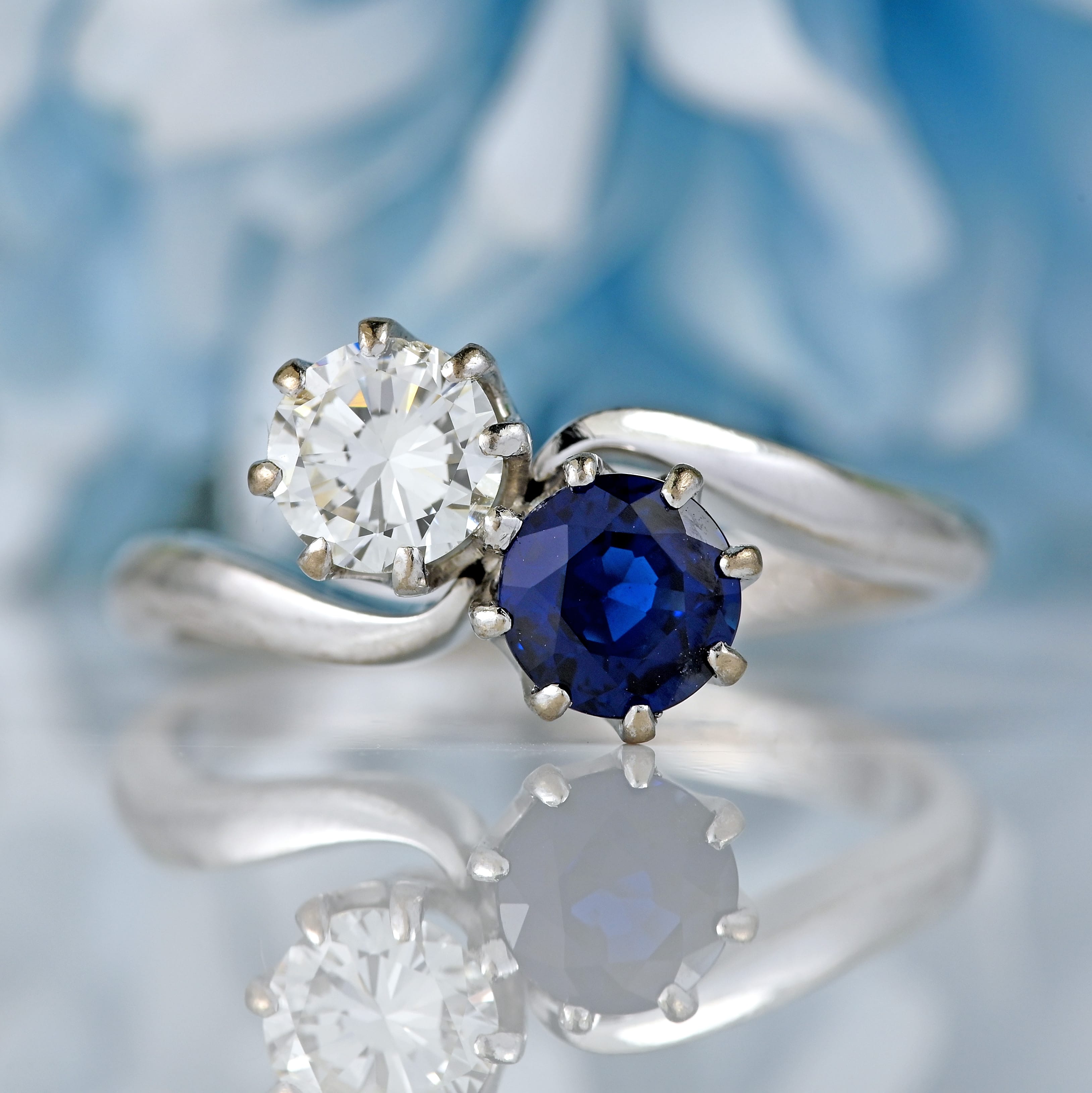 Ellibelle Jewellery Vintage 1977 Sapphire & Diamond 18ct White Gold 'Toi et Moi' Engagement Ring