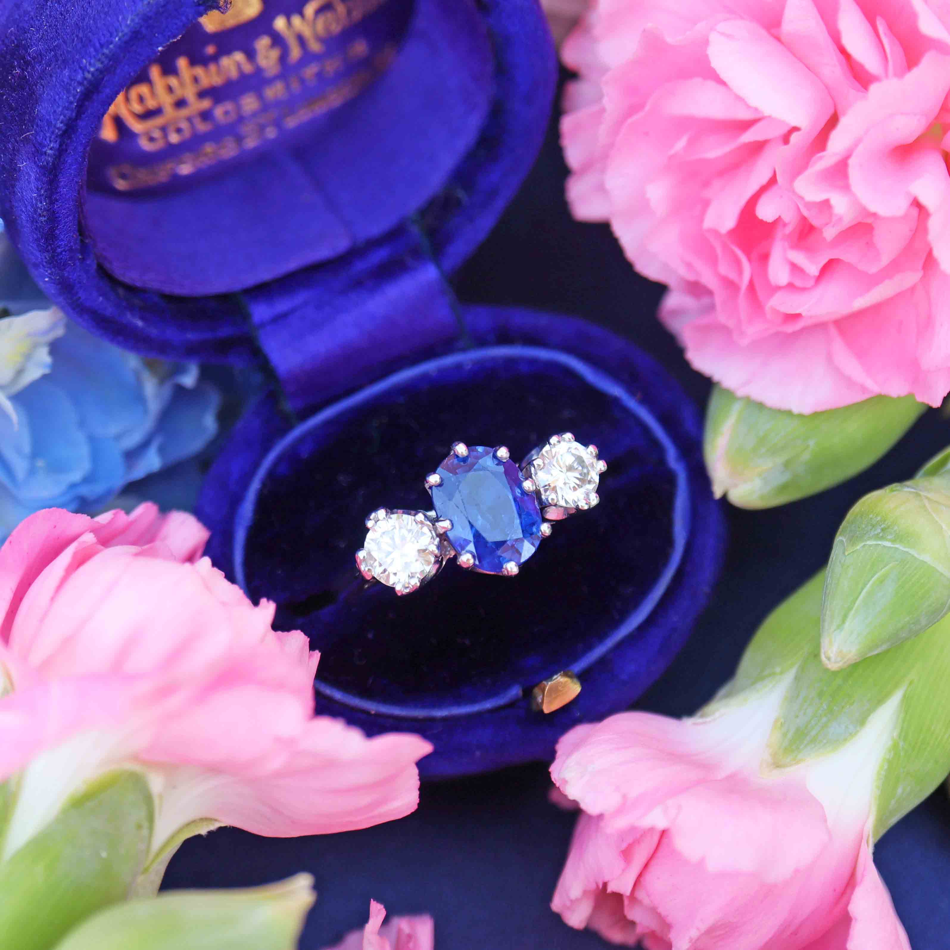 Ellibelle Jewellery Vintage 1977 Sapphire & Diamond Platinum Three-Stone Engagement Ring