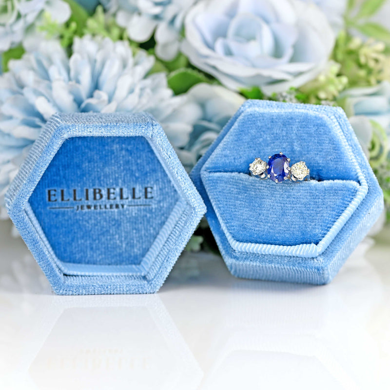 Ellibelle Jewellery Vintage 1977 Sapphire & Diamond Platinum Three-Stone Engagement Ring
