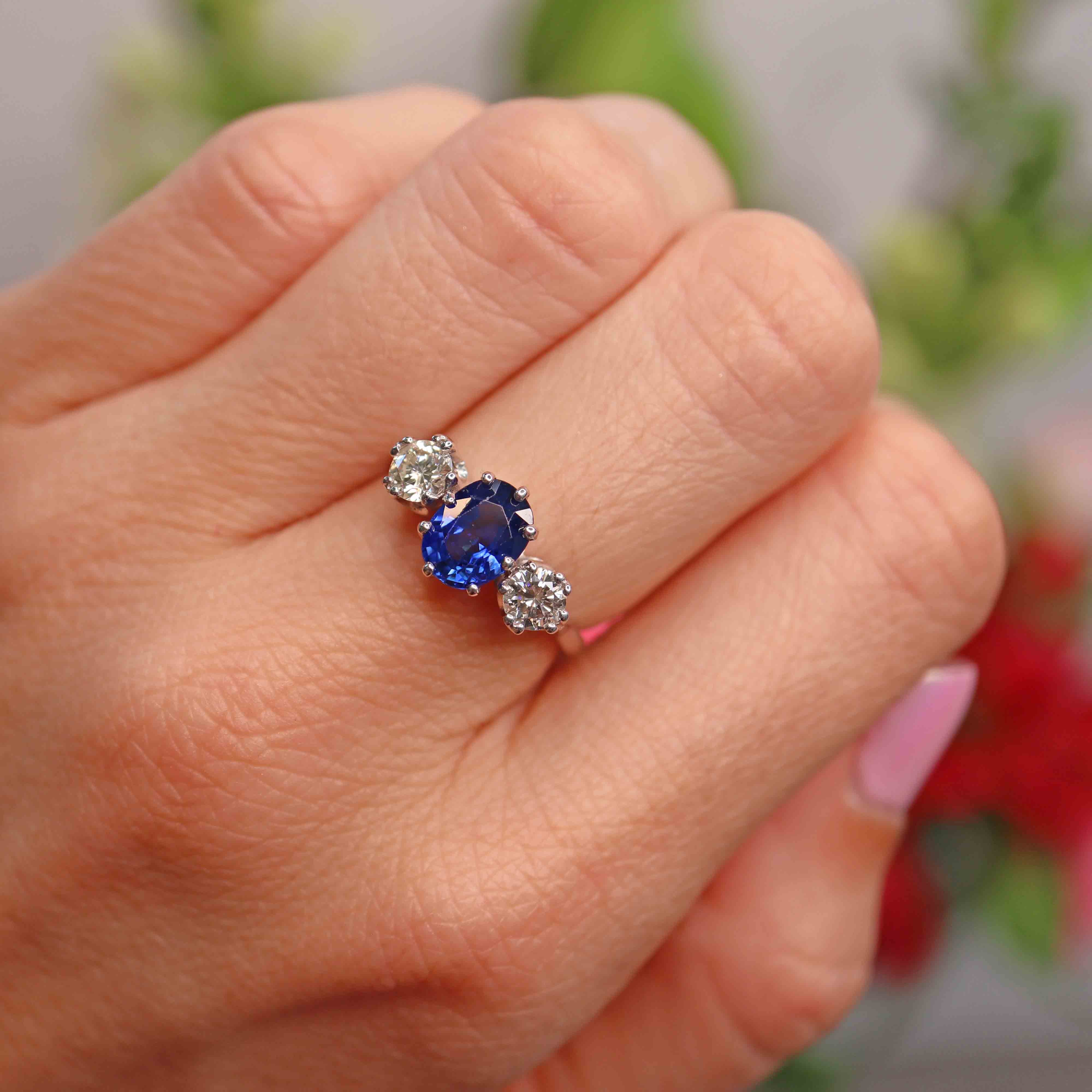 Ellibelle Jewellery Vintage 1977 Sapphire & Diamond Platinum Three-Stone Engagement Ring