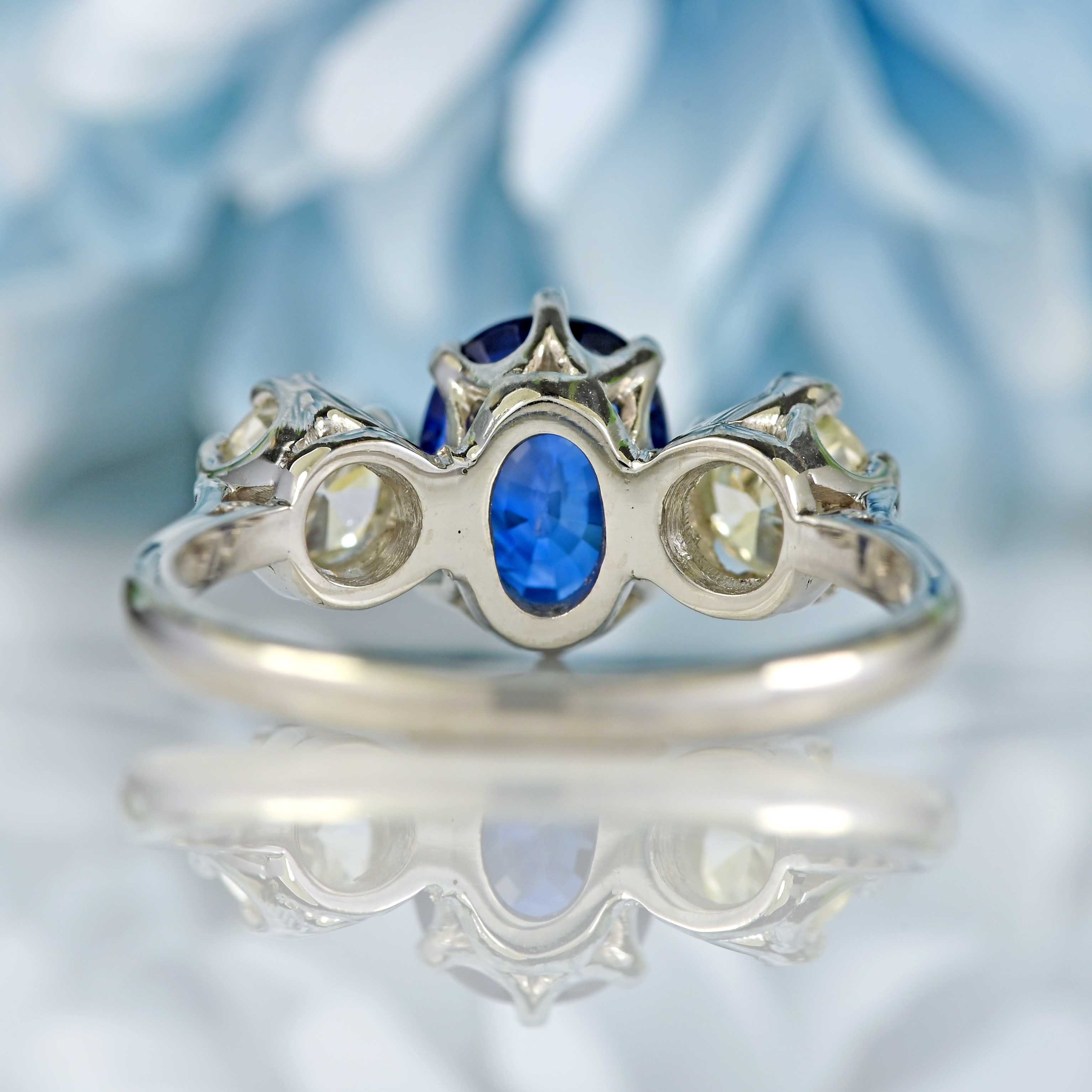 Ellibelle Jewellery Vintage 1977 Sapphire & Diamond Platinum Three-Stone Engagement Ring