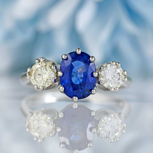 Ellibelle Jewellery Vintage 1977 Sapphire & Diamond Platinum Three-Stone Engagement Ring