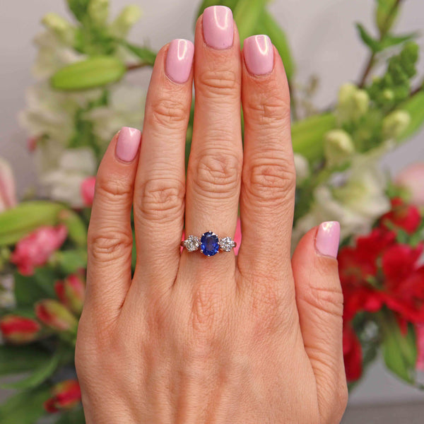 Ellibelle Jewellery Vintage 1977 Sapphire & Diamond Platinum Three-Stone Engagement Ring