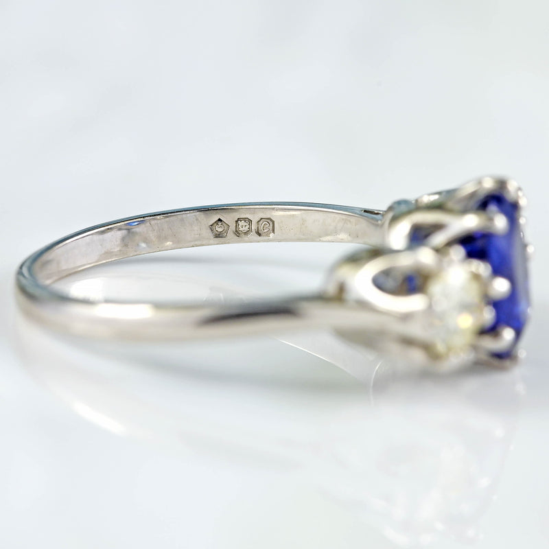 Ellibelle Jewellery Vintage 1977 Sapphire & Diamond Platinum Three-Stone Engagement Ring