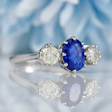 Ellibelle Jewellery Vintage 1977 Sapphire & Diamond Platinum Three-Stone Engagement Ring