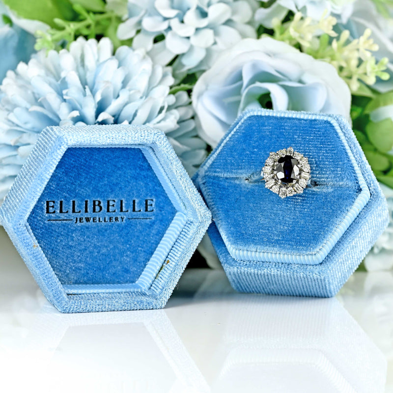 Ellibelle Jewellery Vintage 1977 Sapphire & Vari-Cut Diamond 18ct White Gold Cluster Ring (1.53cts)