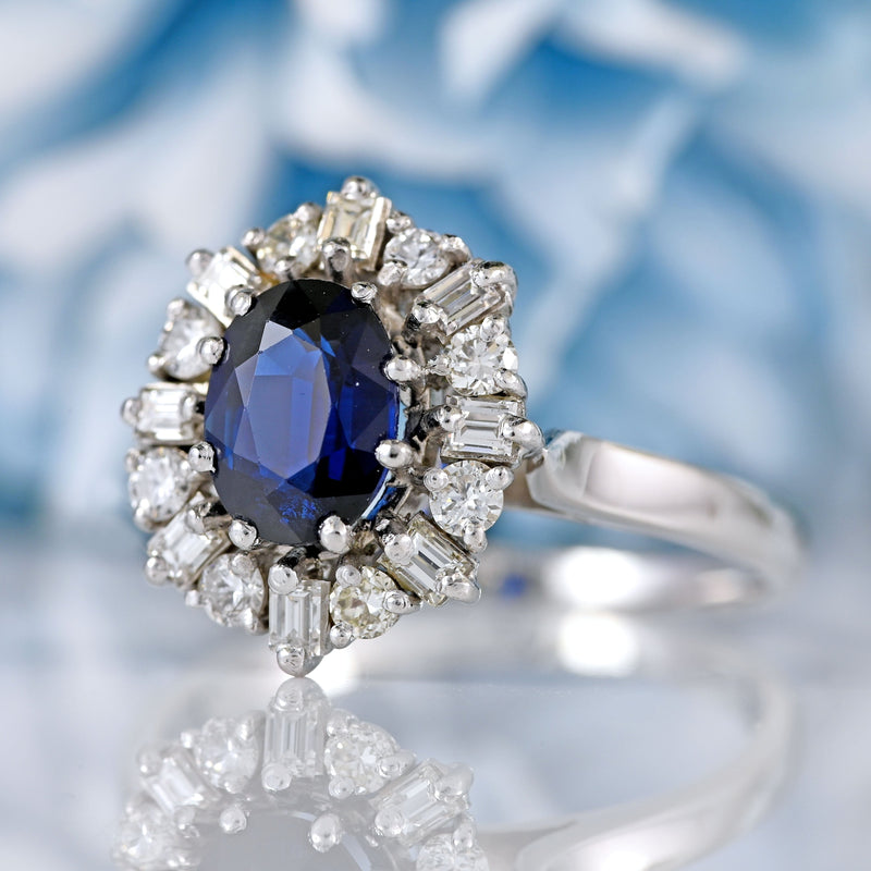 Ellibelle Jewellery Vintage 1977 Sapphire & Vari-Cut Diamond 18ct White Gold Cluster Ring (1.53cts)