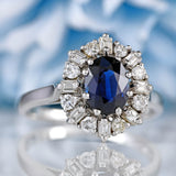 Ellibelle Jewellery Vintage 1977 Sapphire & Vari-Cut Diamond 18ct White Gold Cluster Ring (1.53cts)