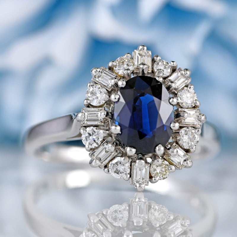 Ellibelle Jewellery Vintage 1977 Sapphire & Vari-Cut Diamond 18ct White Gold Cluster Ring (1.53cts)