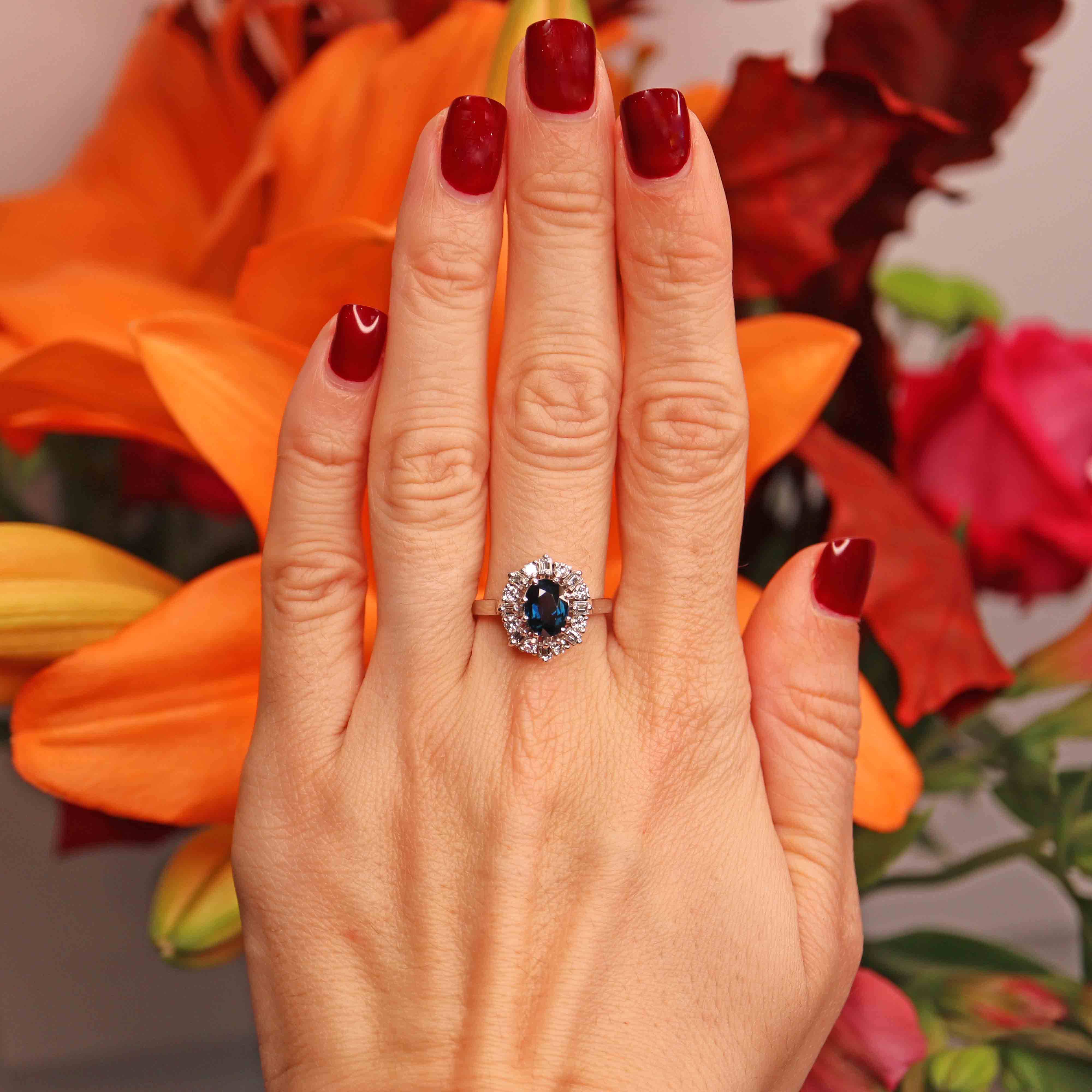 Ellibelle Jewellery Vintage 1977 Sapphire & Vari-Cut Diamond 18ct White Gold Cluster Ring (1.53cts)