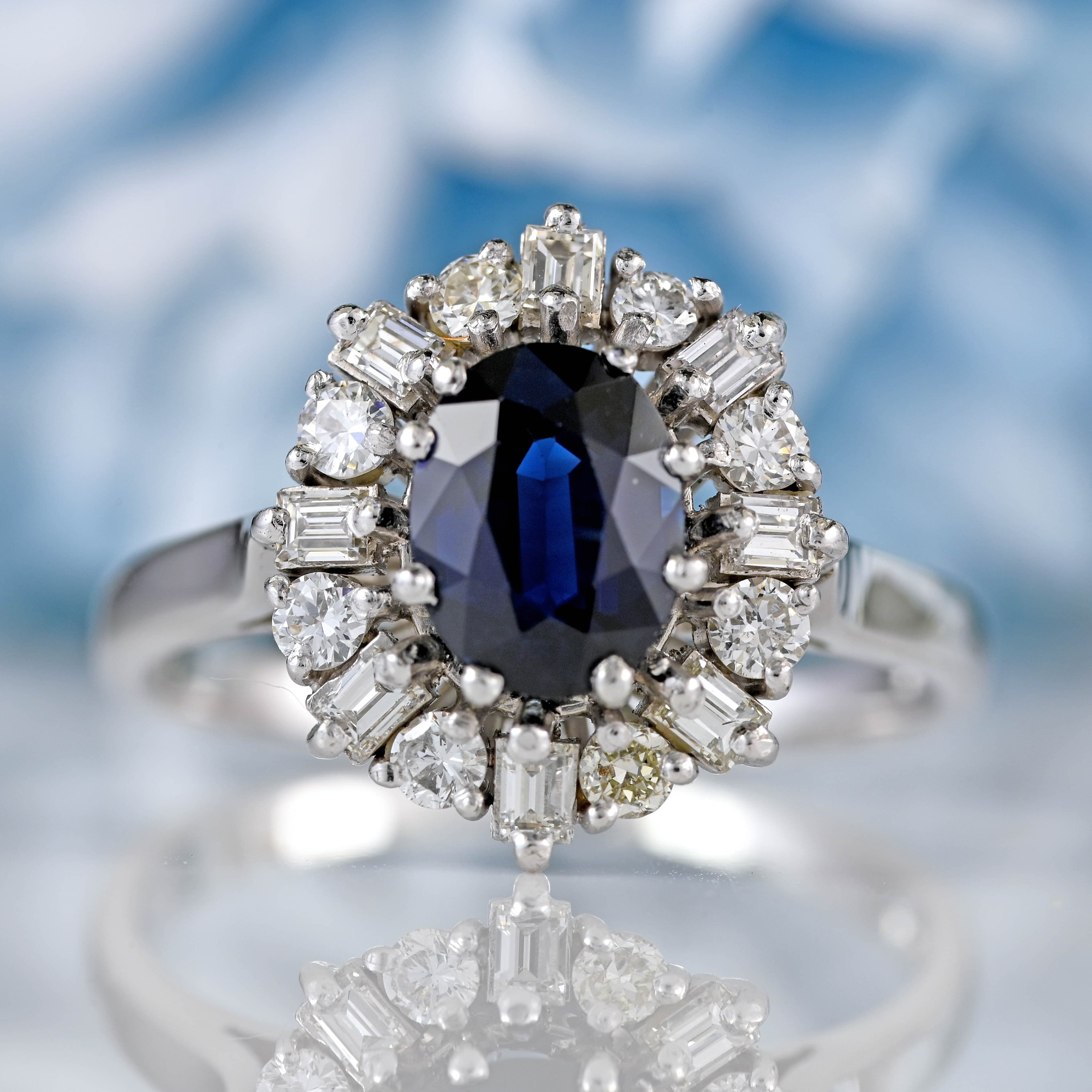 Ellibelle Jewellery Vintage 1977 Sapphire & Vari-Cut Diamond 18ct White Gold Cluster Ring (1.53cts)