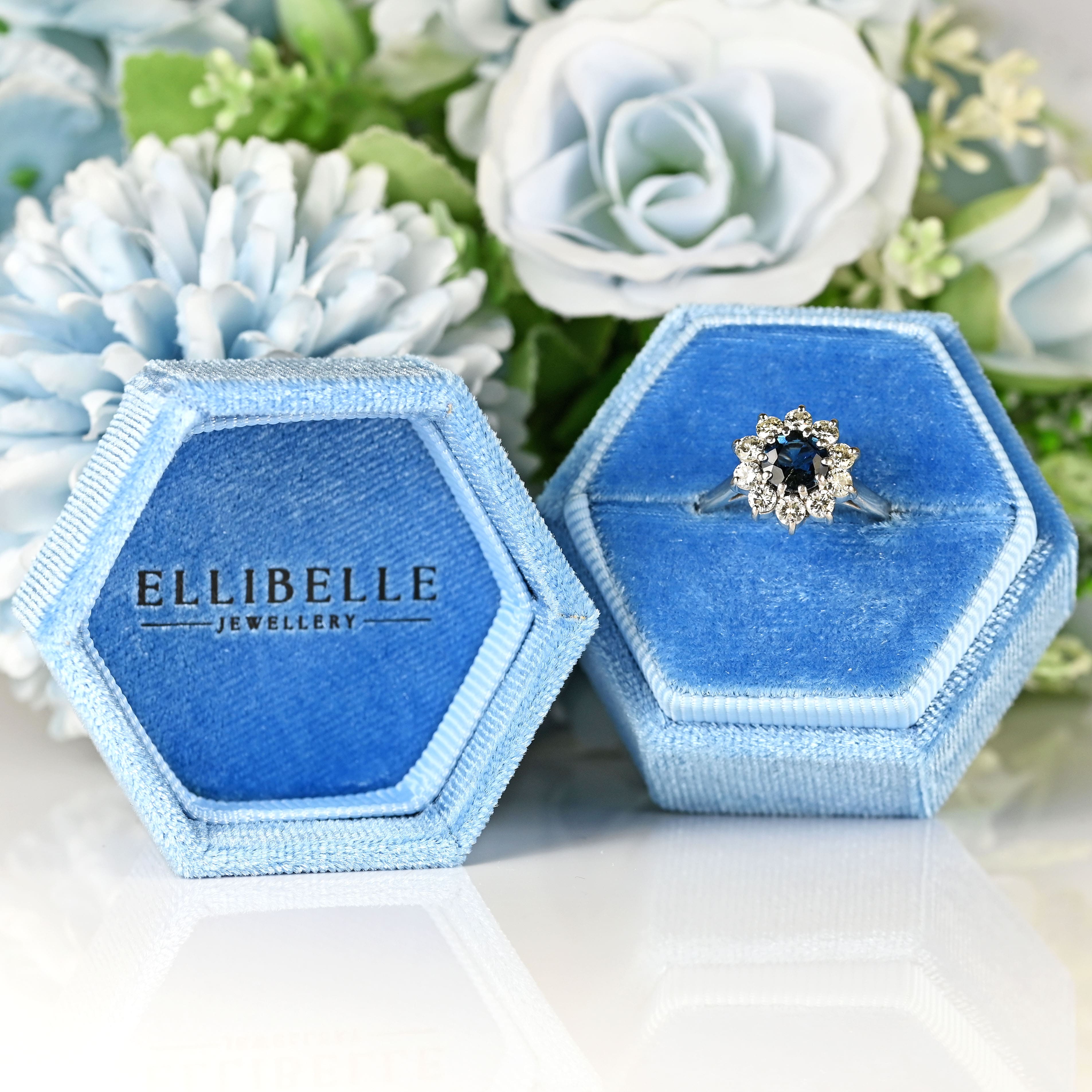 Ellibelle Jewellery Vintage 1977 Teal Sapphire & Diamond 18ct White Gold Cluster Ring