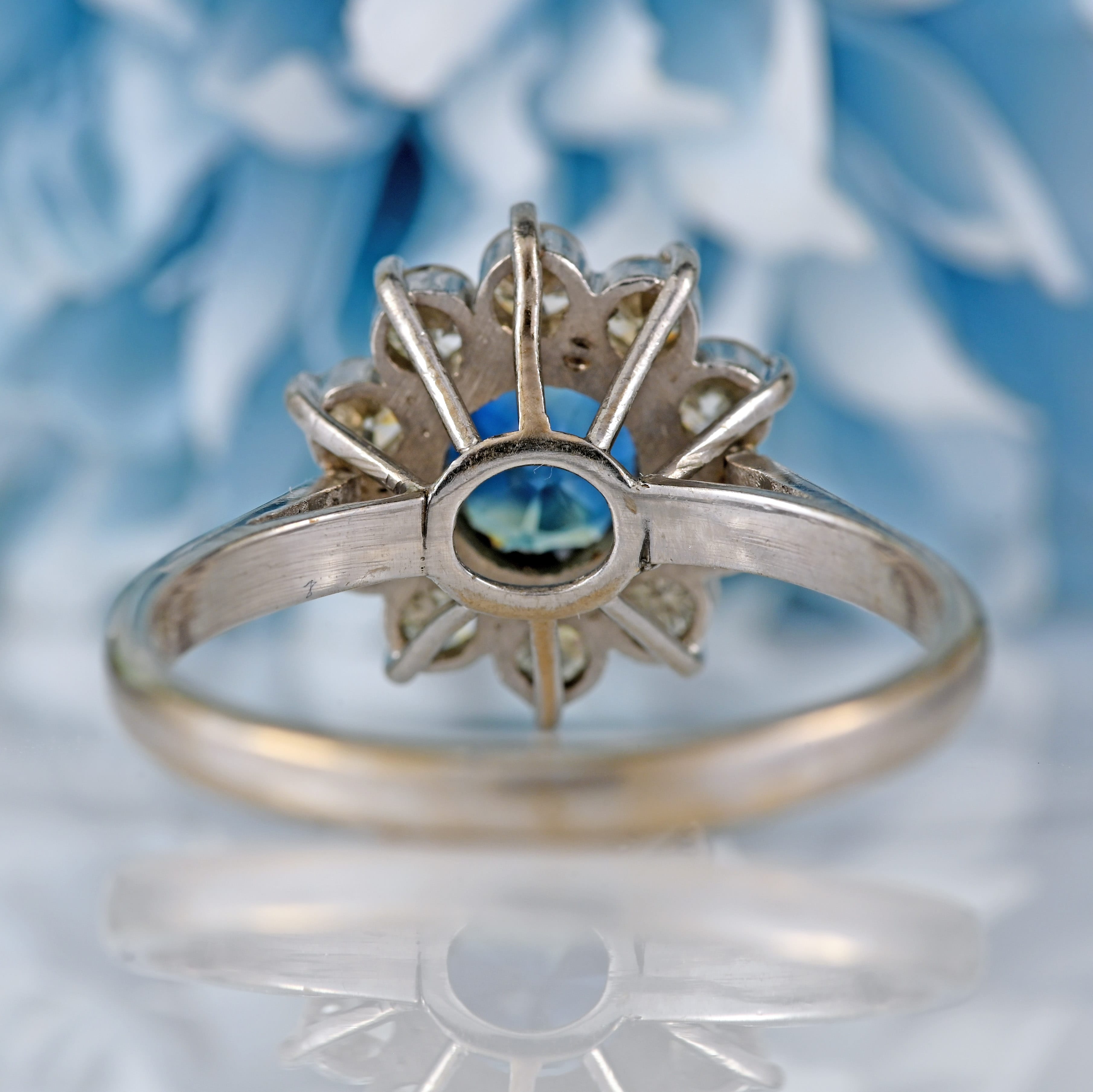 Ellibelle Jewellery Vintage 1977 Teal Sapphire & Diamond 18ct White Gold Cluster Ring
