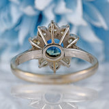 Ellibelle Jewellery Vintage 1977 Teal Sapphire & Diamond 18ct White Gold Cluster Ring