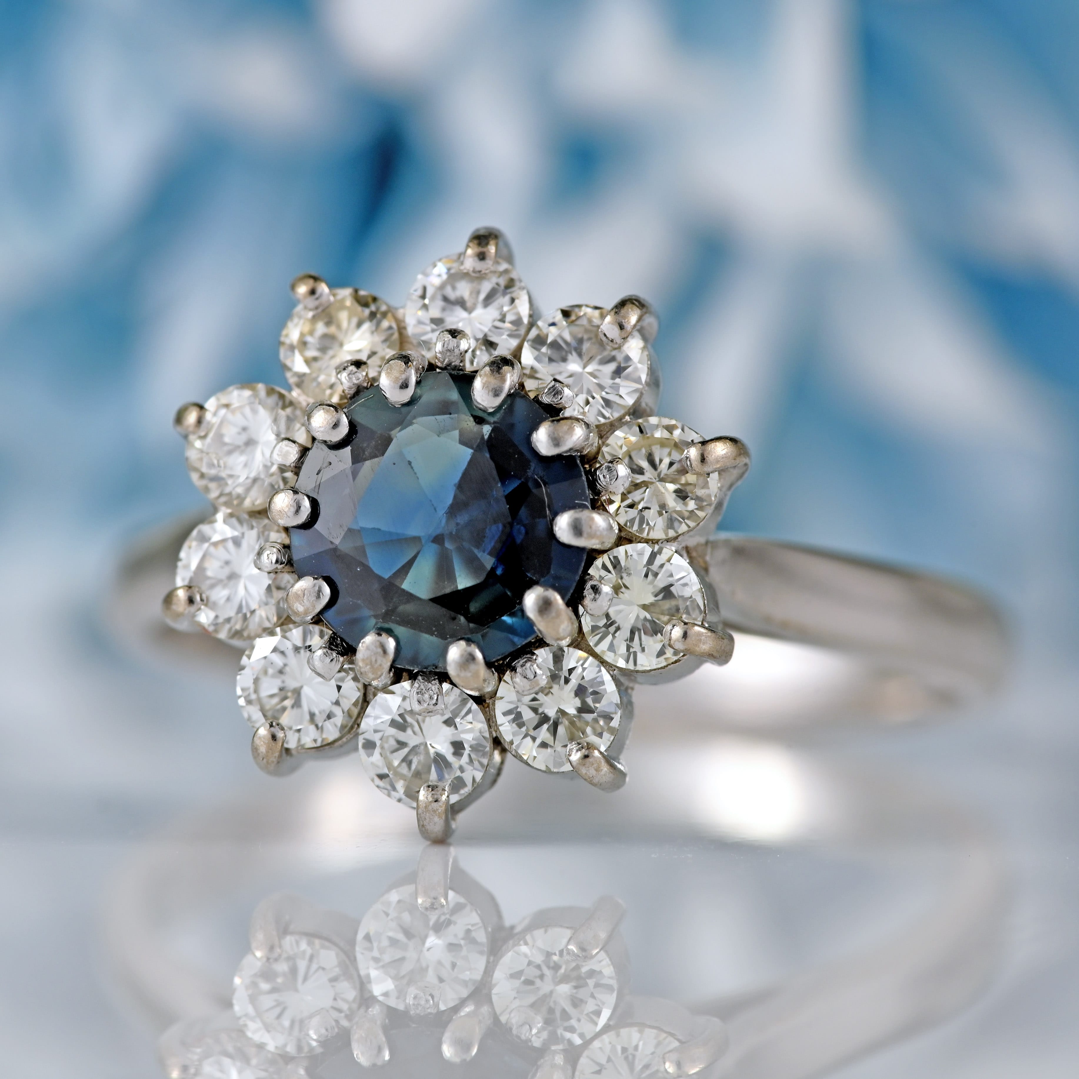Ellibelle Jewellery Vintage 1977 Teal Sapphire & Diamond 18ct White Gold Cluster Ring