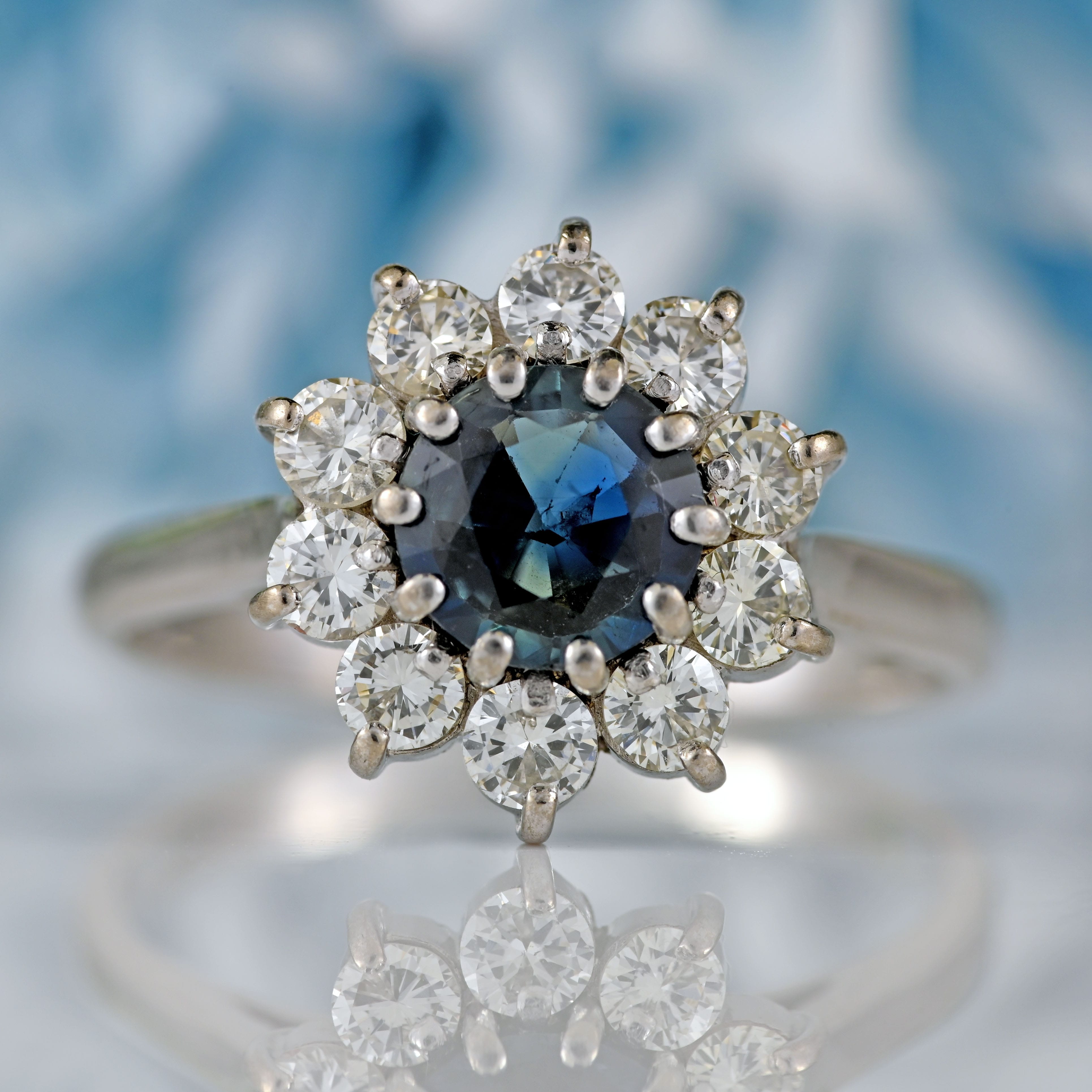 Ellibelle Jewellery Vintage 1977 Teal Sapphire & Diamond 18ct White Gold Cluster Ring