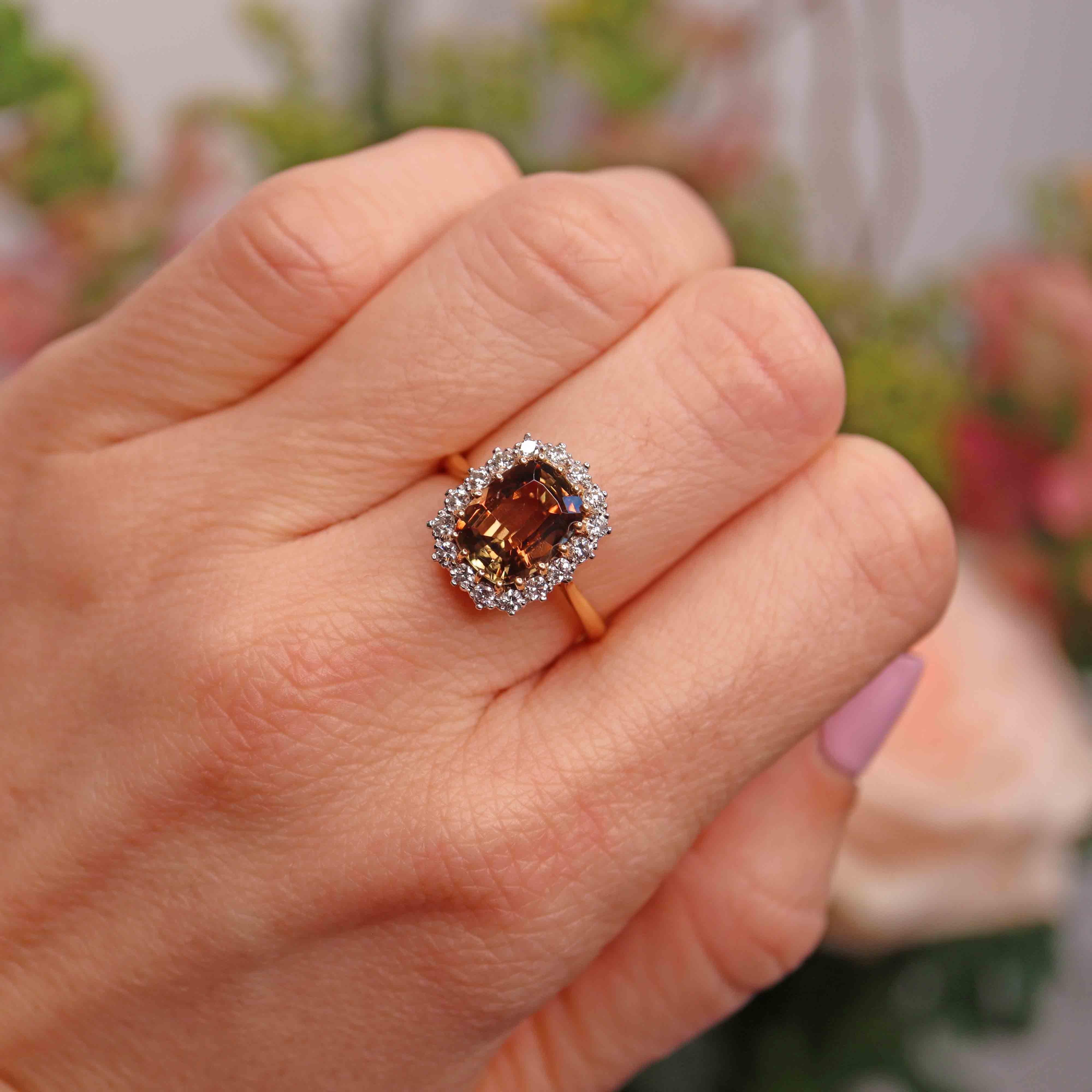 Ellibelle Jewellery Vintage 1978 Andalusite & Diamond 18ct Gold Cluster Ring