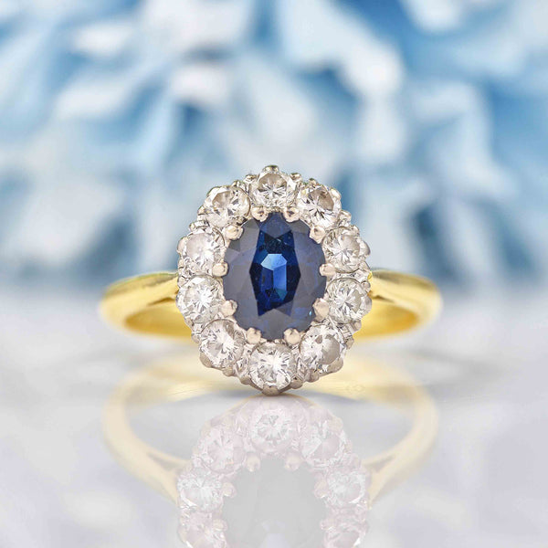 Ellibelle Jewellery Vintage 1978 Blue Sapphire & Diamond 18ct Gold Cluster Ring
