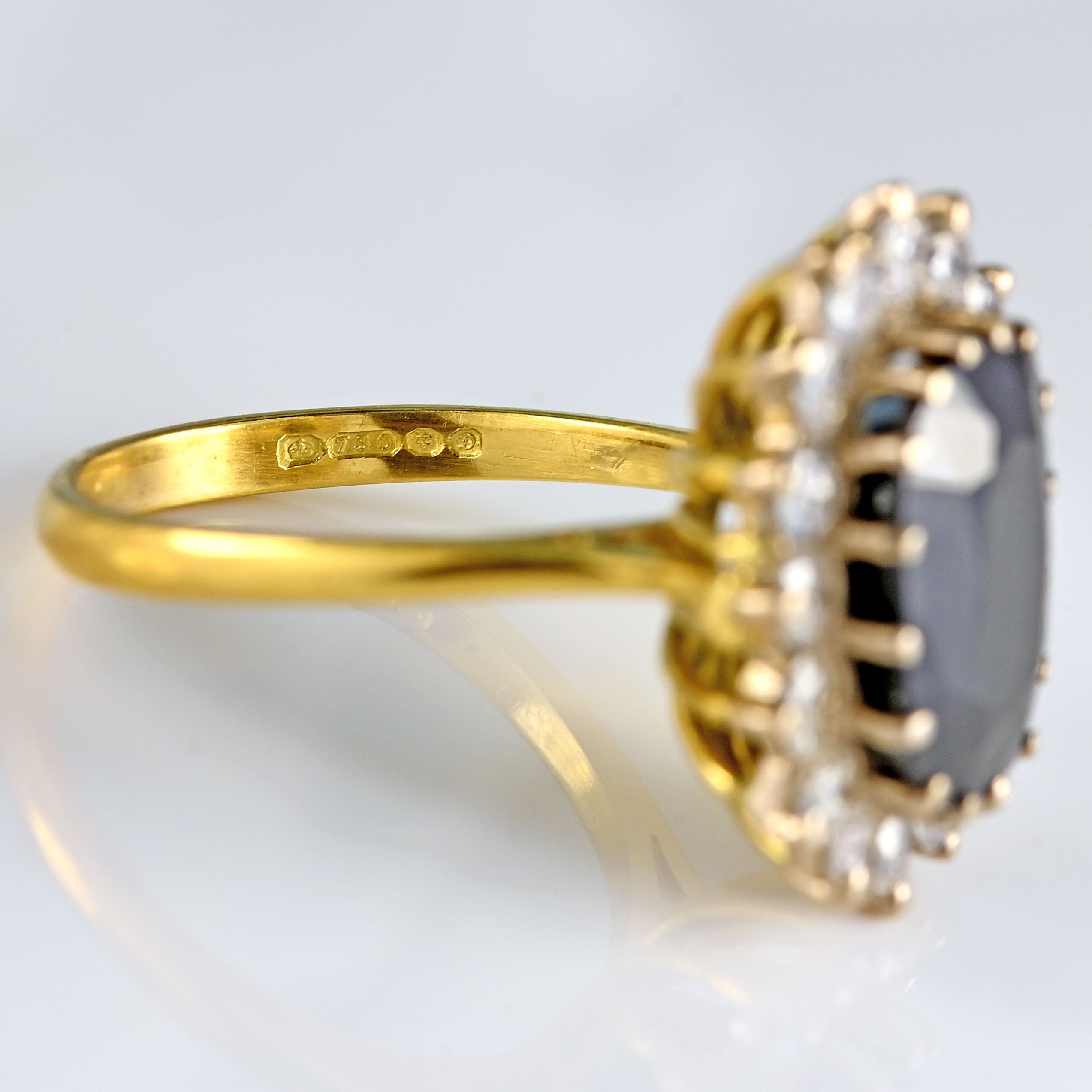 Ellibelle Jewellery Vintage 1978 Dark Sapphire & Diamond 18ct Gold Cluster Ring