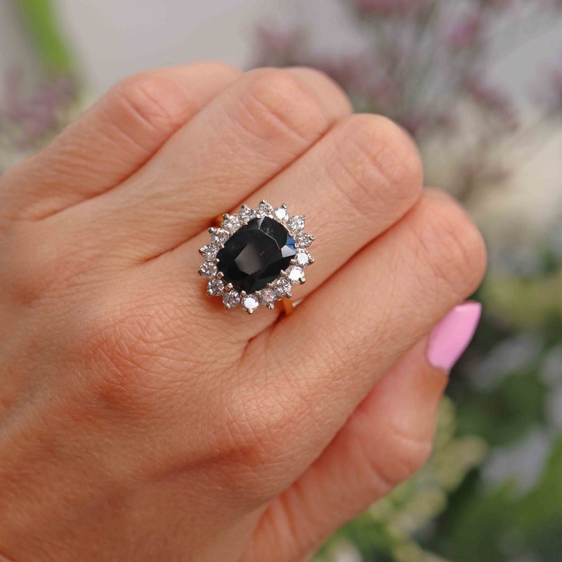 Ellibelle Jewellery Vintage 1978 Dark Sapphire & Diamond 18ct Gold Cluster Ring