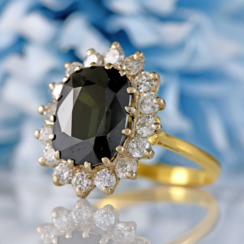 Ellibelle Jewellery Vintage 1978 Dark Sapphire & Diamond 18ct Gold Cluster Ring