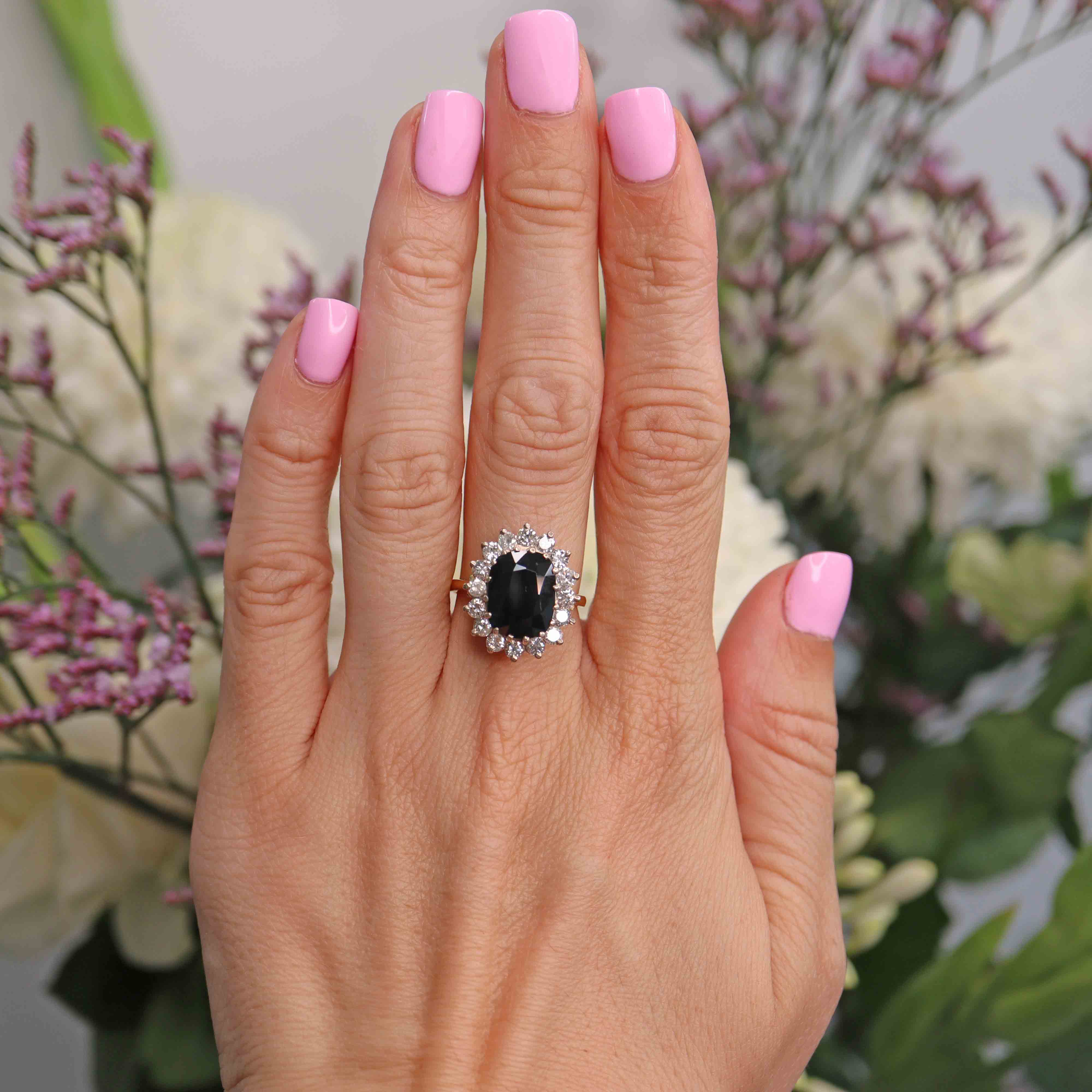 Ellibelle Jewellery Vintage 1978 Dark Sapphire & Diamond 18ct Gold Cluster Ring