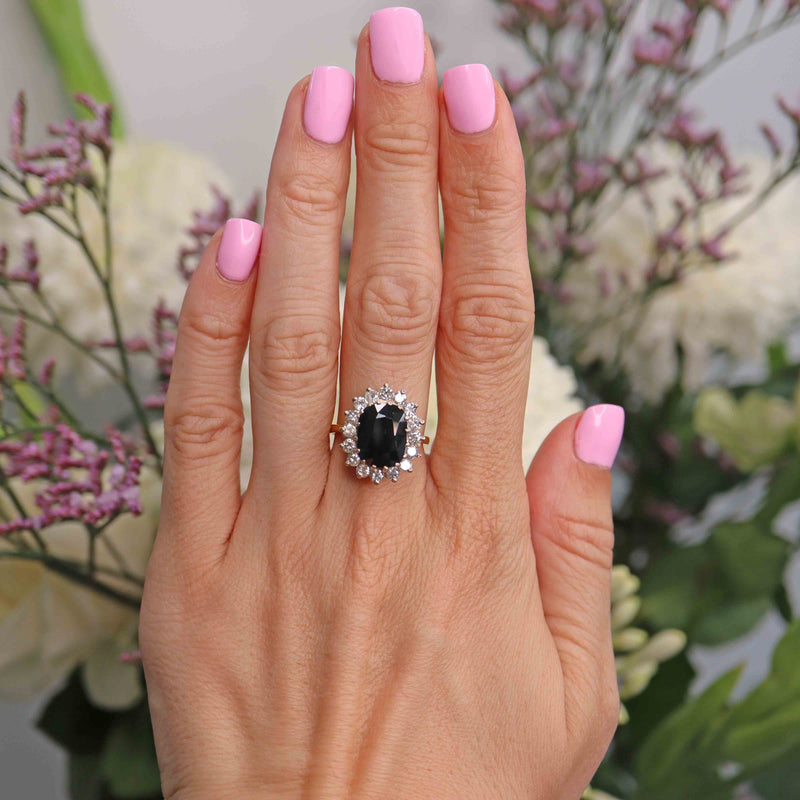 Ellibelle Jewellery Vintage 1978 Dark Sapphire & Diamond 18ct Gold Cluster Ring