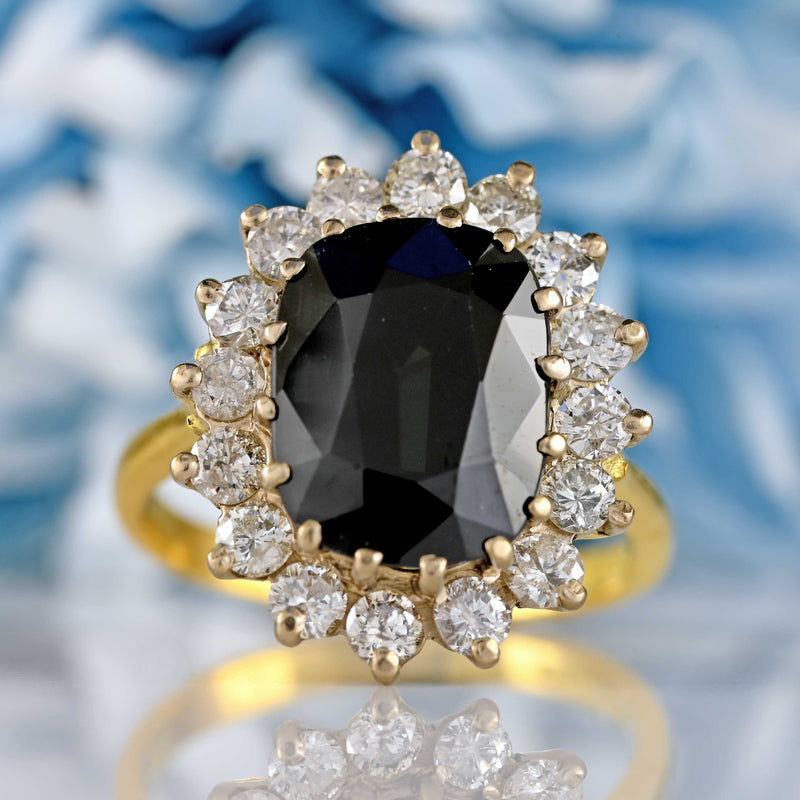 Ellibelle Jewellery Vintage 1978 Dark Sapphire & Diamond 18ct Gold Cluster Ring