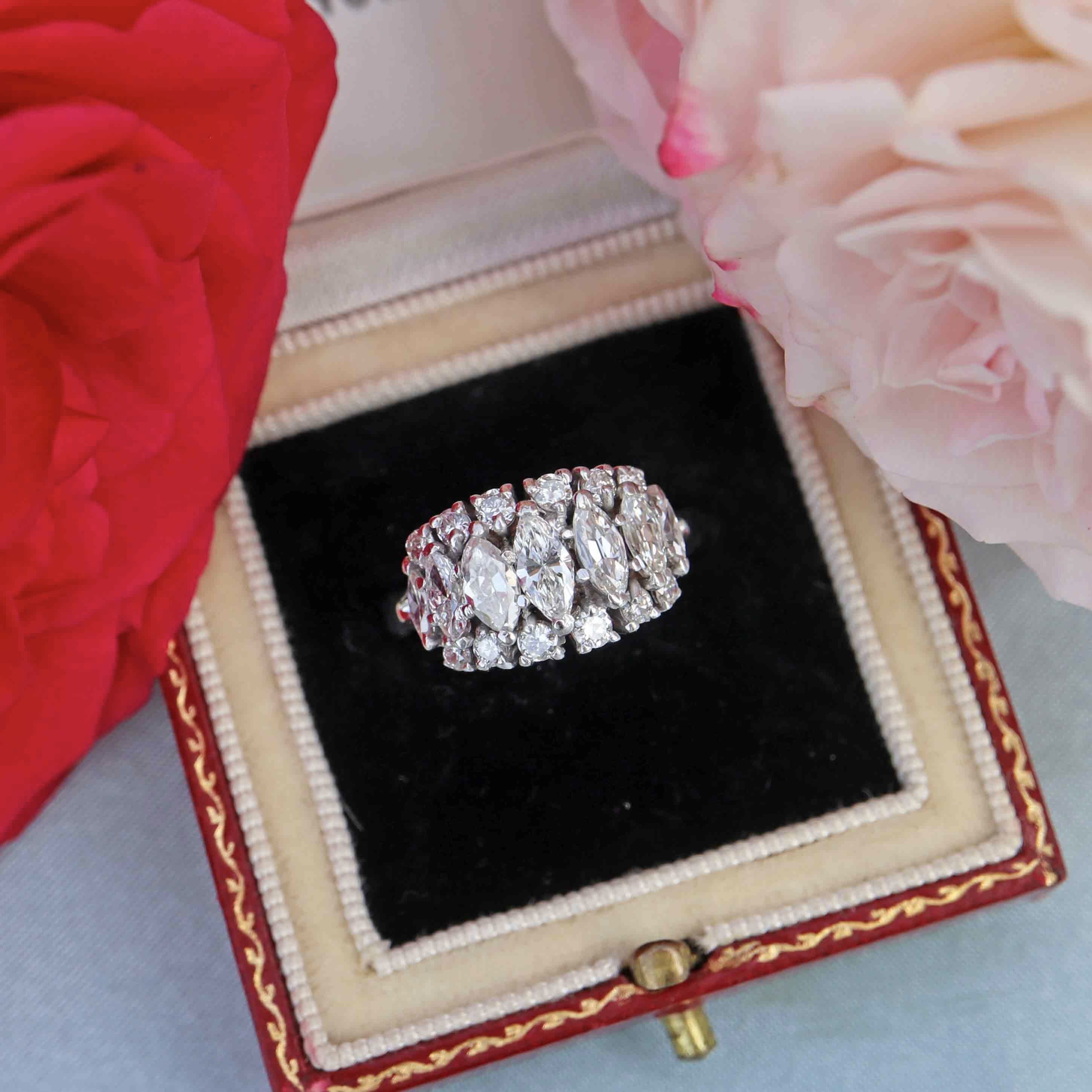 Ellibelle Jewellery Vintage 1978 Marquise & Brilliant Diamond 18ct White Gold Cluster Ring (1.36cts)