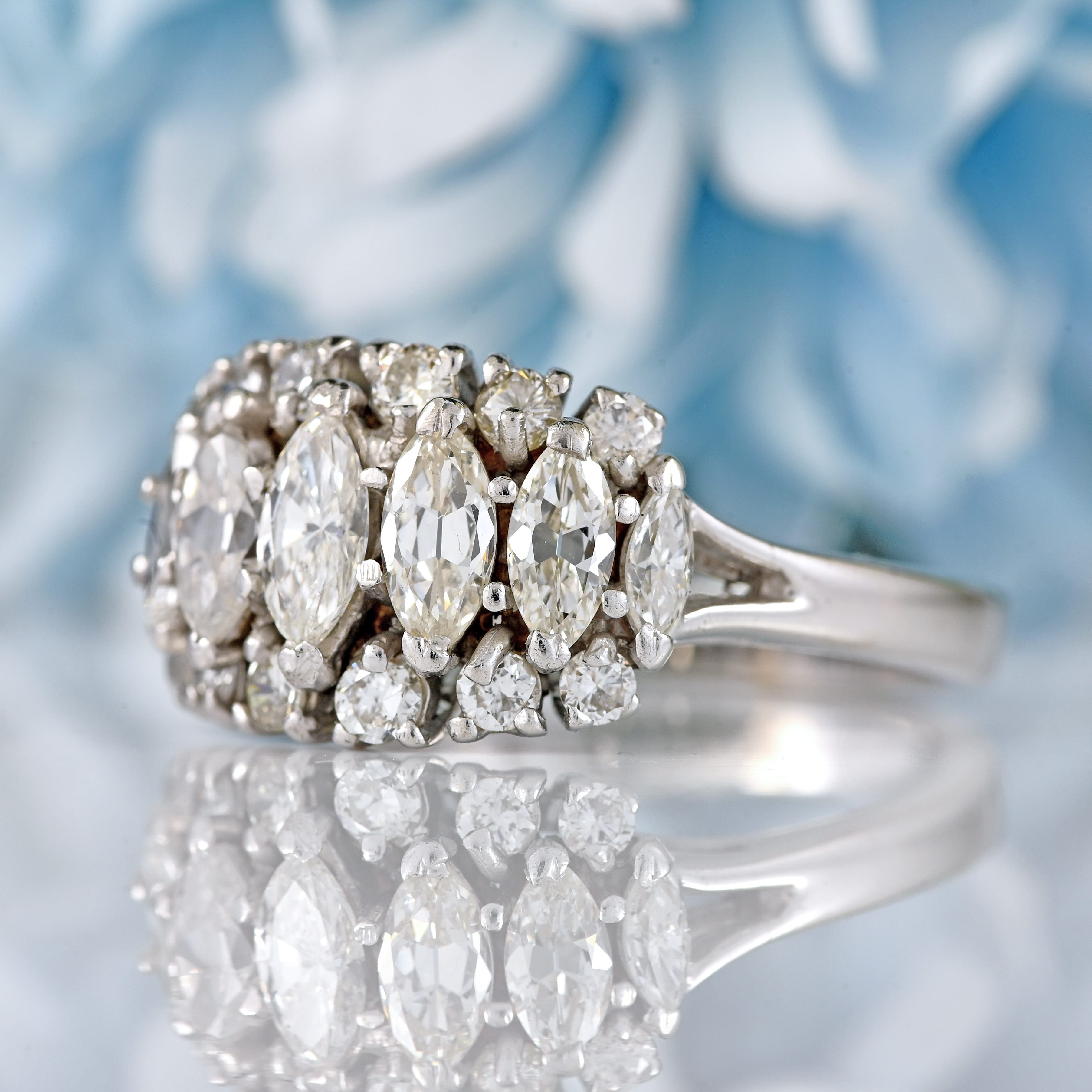 Ellibelle Jewellery Vintage 1978 Marquise & Brilliant Diamond 18ct White Gold Cluster Ring (1.36cts)
