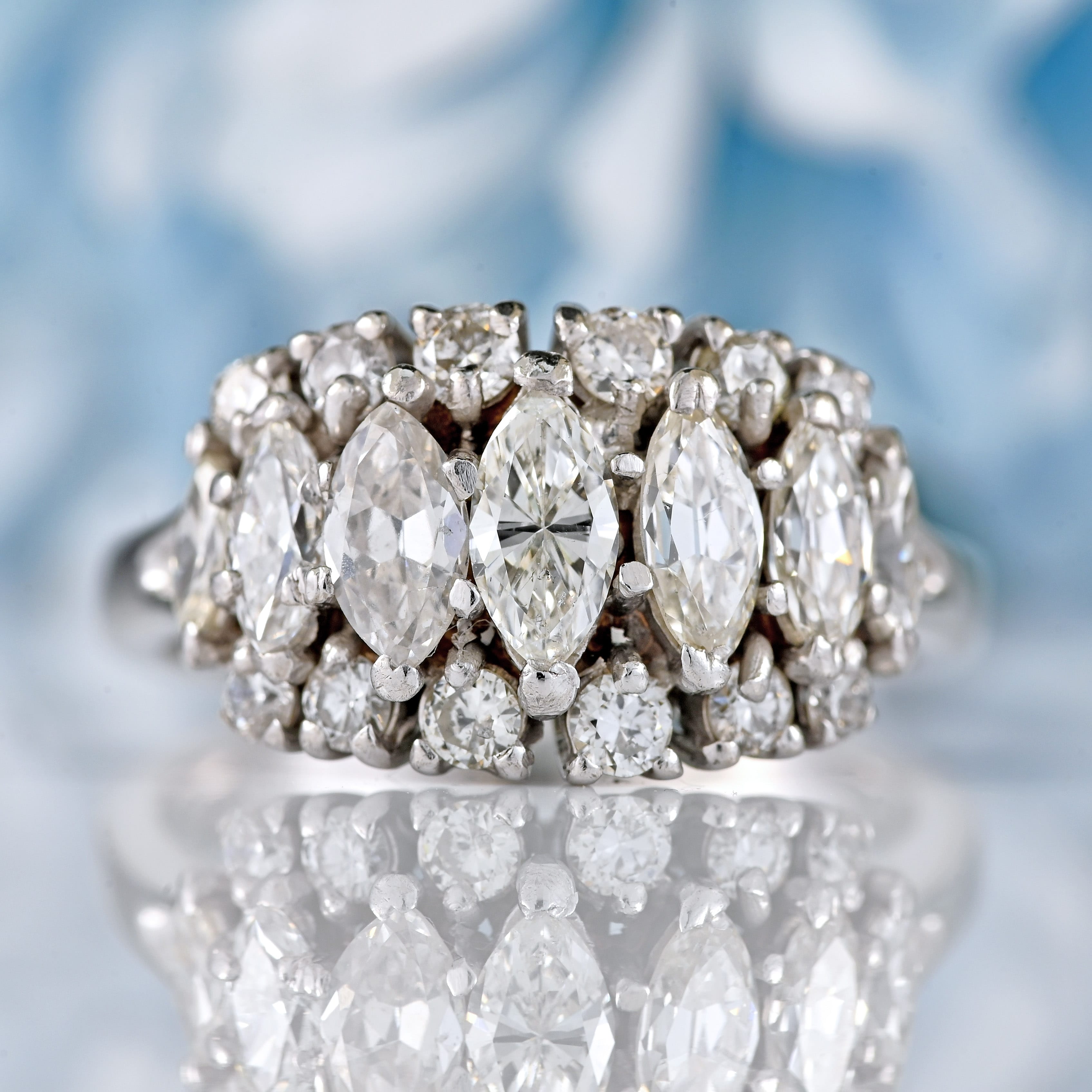 Ellibelle Jewellery Vintage 1978 Marquise & Brilliant Diamond 18ct White Gold Cluster Ring (1.36cts)