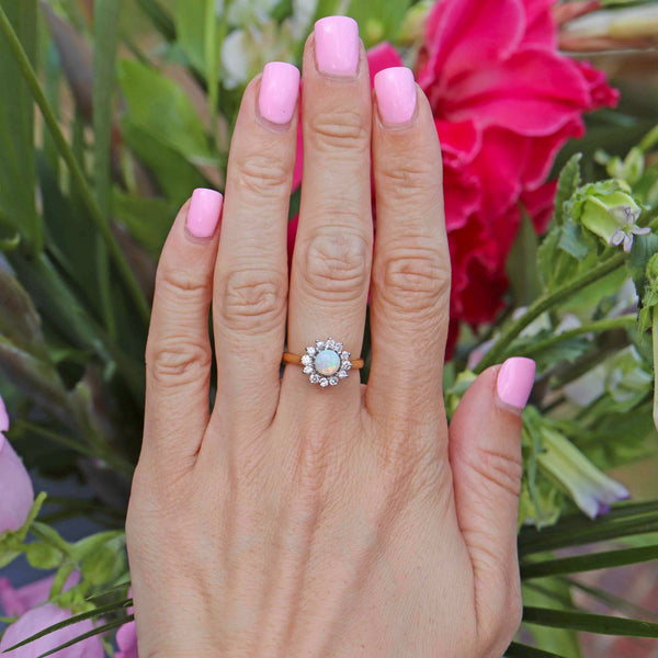 Ellibelle Jewellery Vintage 1978 Opal & Diamond 18ct Gold Halo Cluster Ring