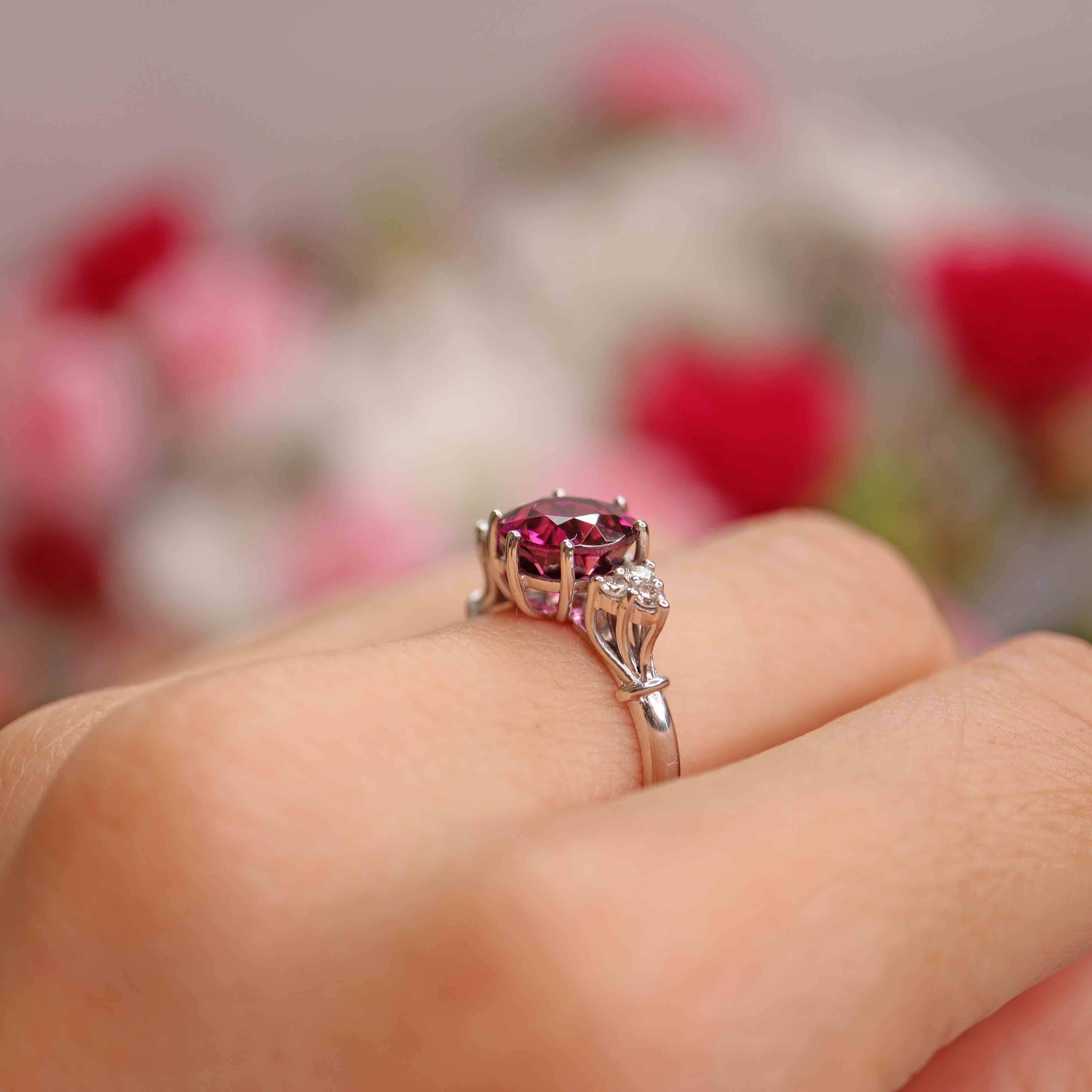 Ellibelle Jewellery Vintage 1978 Rhodolite Garnet & Diamond 18ct White Gold Ring