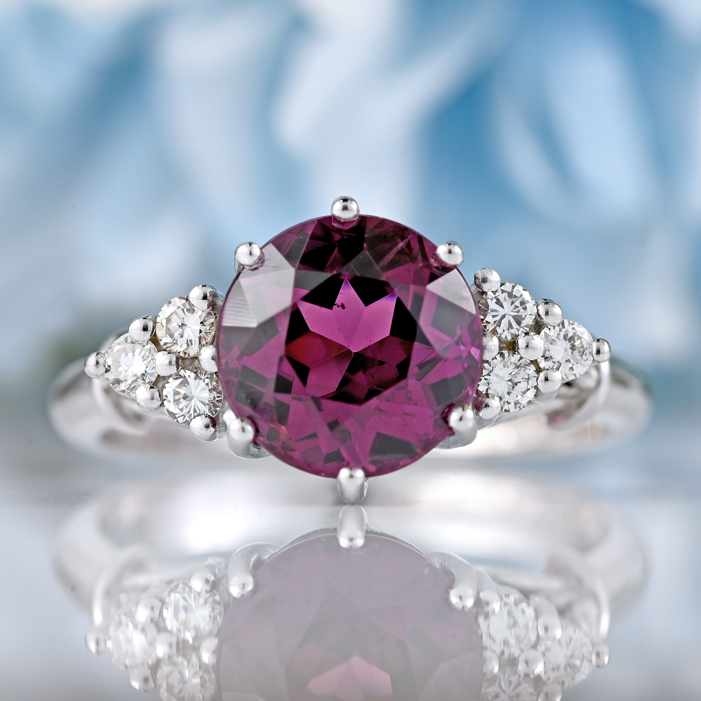 Ellibelle Jewellery Vintage 1978 Rhodolite Garnet & Diamond 18ct White Gold Ring