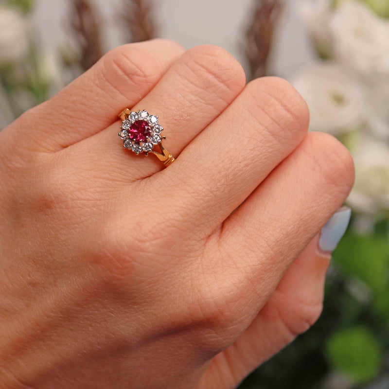 Ellibelle Jewellery Vintage 1978 Ruby & Diamond 18ct Gold Cluster Ring