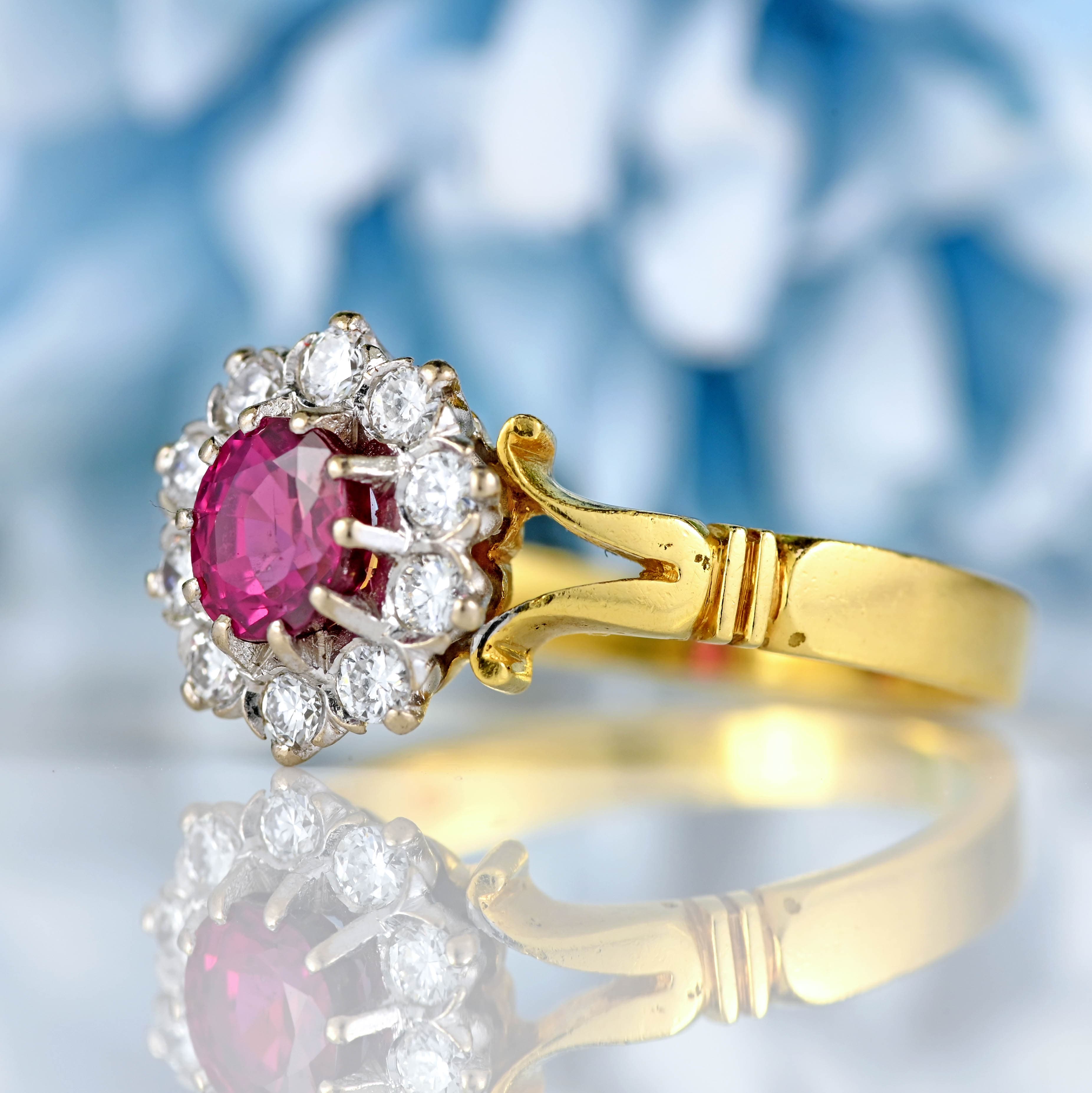 Ellibelle Jewellery Vintage 1978 Ruby & Diamond 18ct Gold Cluster Ring