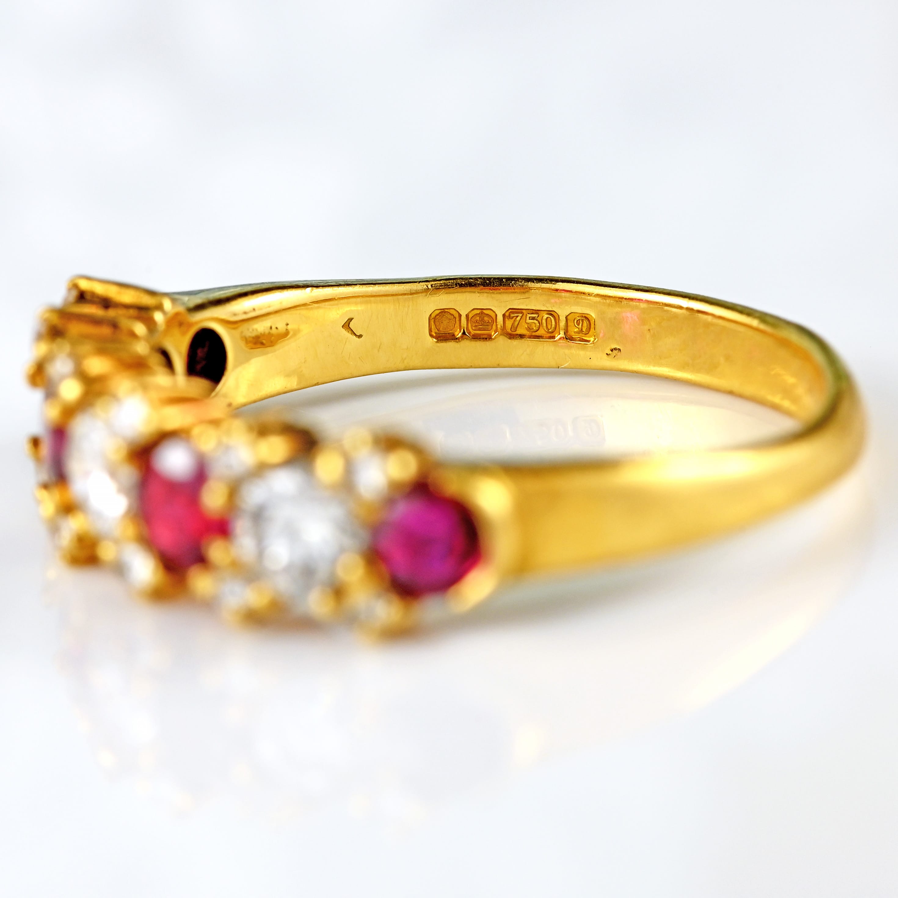 Ellibelle Jewellery Vintage 1978 Ruby & Diamond 18ct Gold Half-Eternity Band Ring