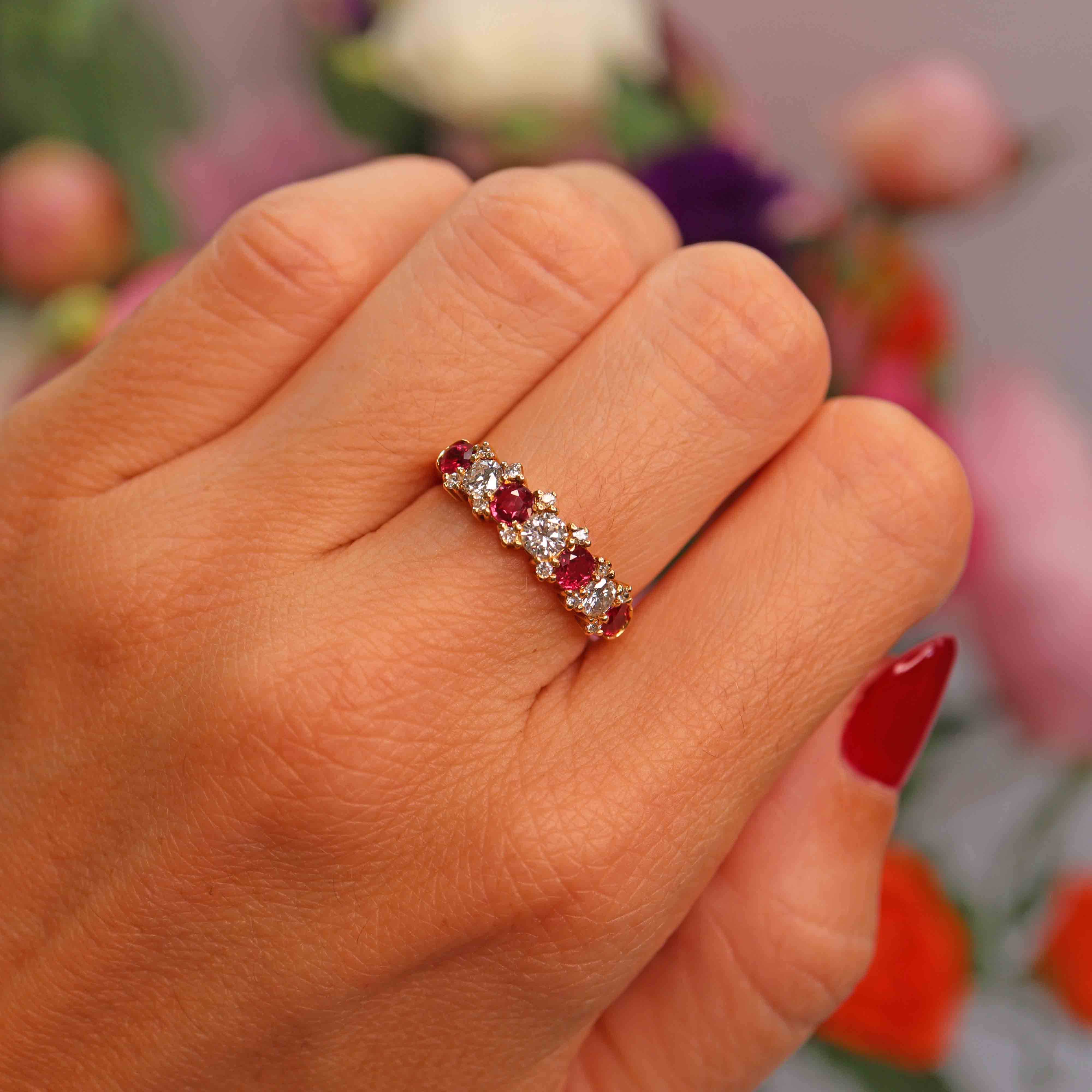 Ellibelle Jewellery Vintage 1978 Ruby & Diamond 18ct Gold Half-Eternity Band Ring