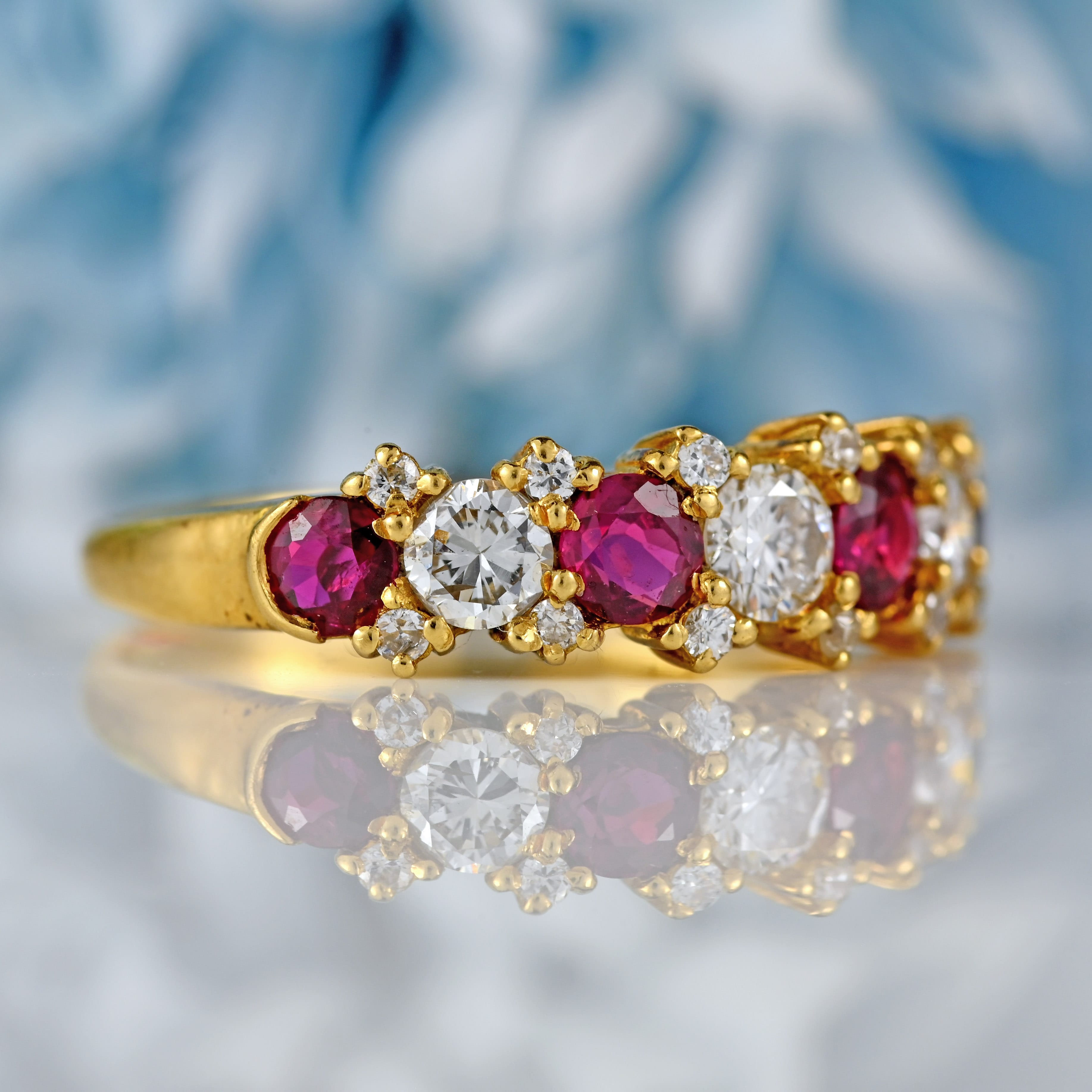 Ellibelle Jewellery Vintage 1978 Ruby & Diamond 18ct Gold Half-Eternity Band Ring