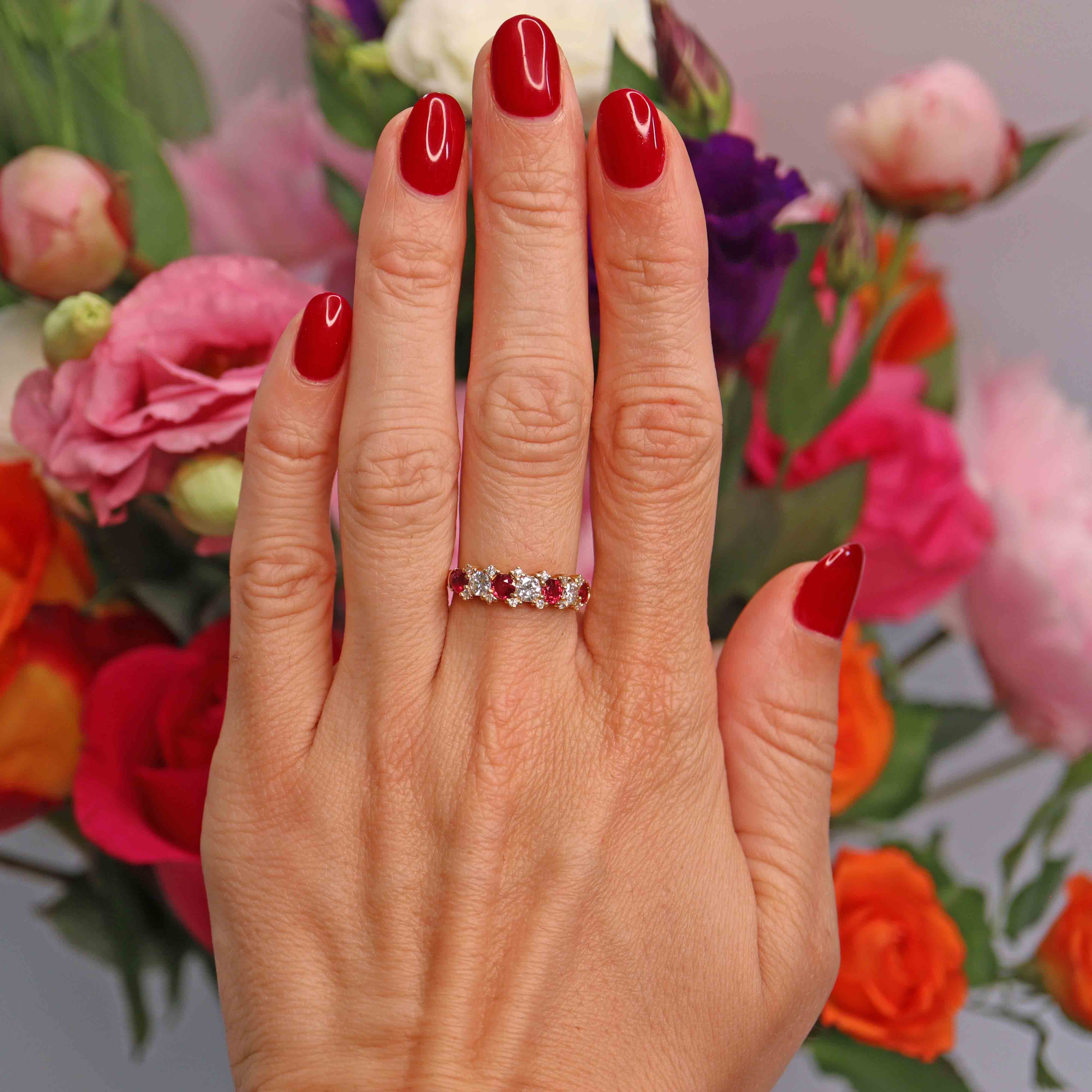 Ellibelle Jewellery Vintage 1978 Ruby & Diamond 18ct Gold Half-Eternity Band Ring