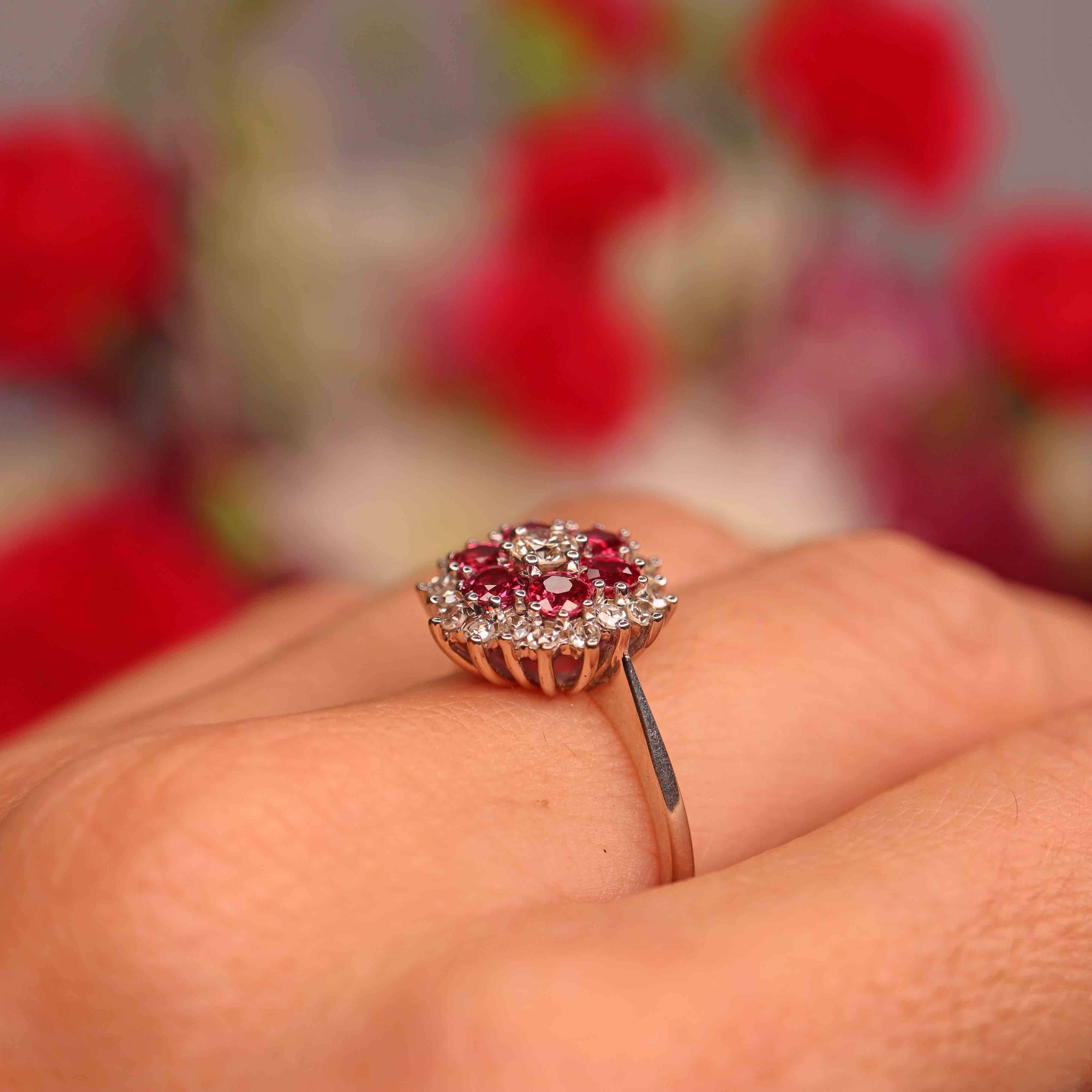 Ellibelle Jewellery Vintage 1978 Ruby & Diamond 18ct White Gold Cluster Ring