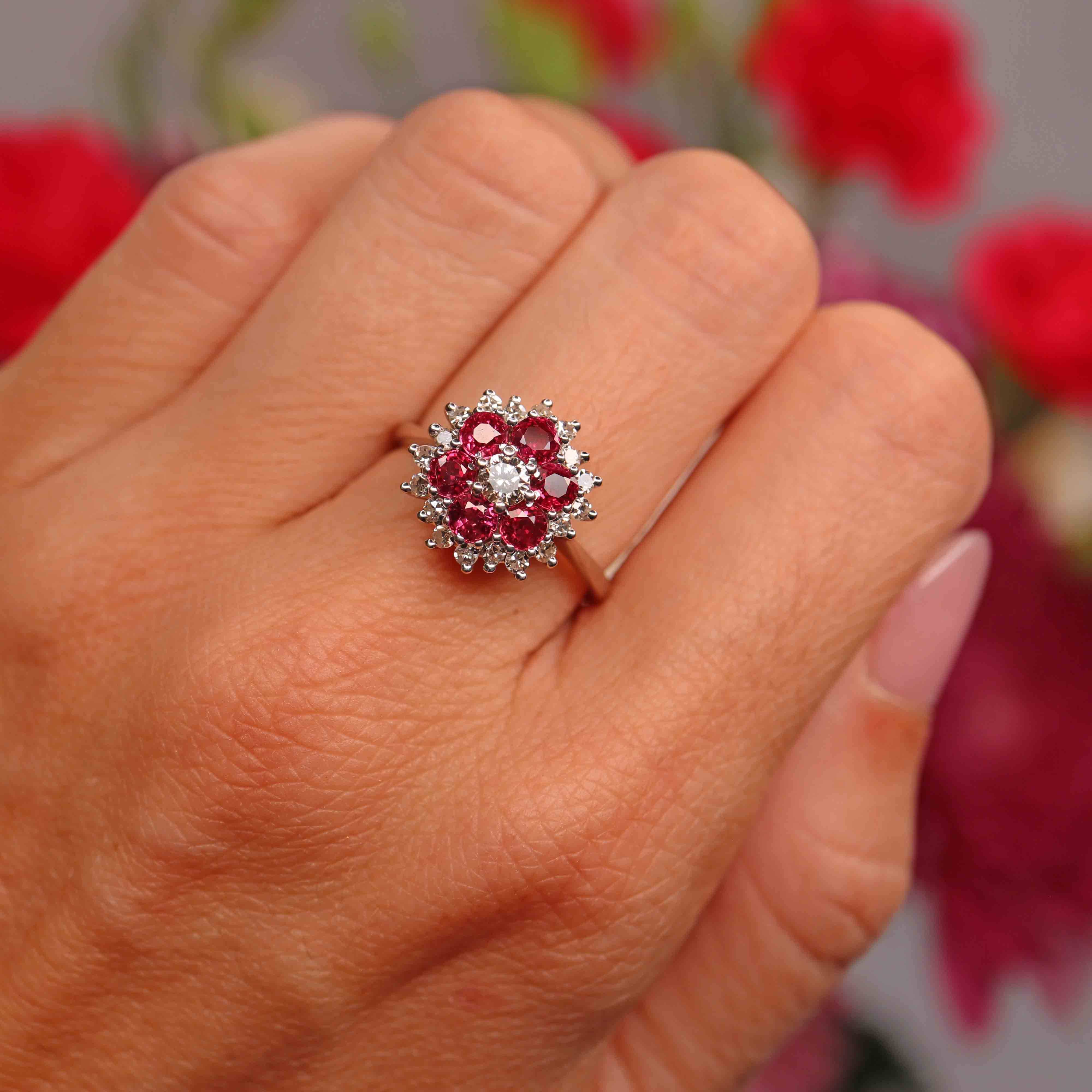 Ellibelle Jewellery Vintage 1978 Ruby & Diamond 18ct White Gold Cluster Ring