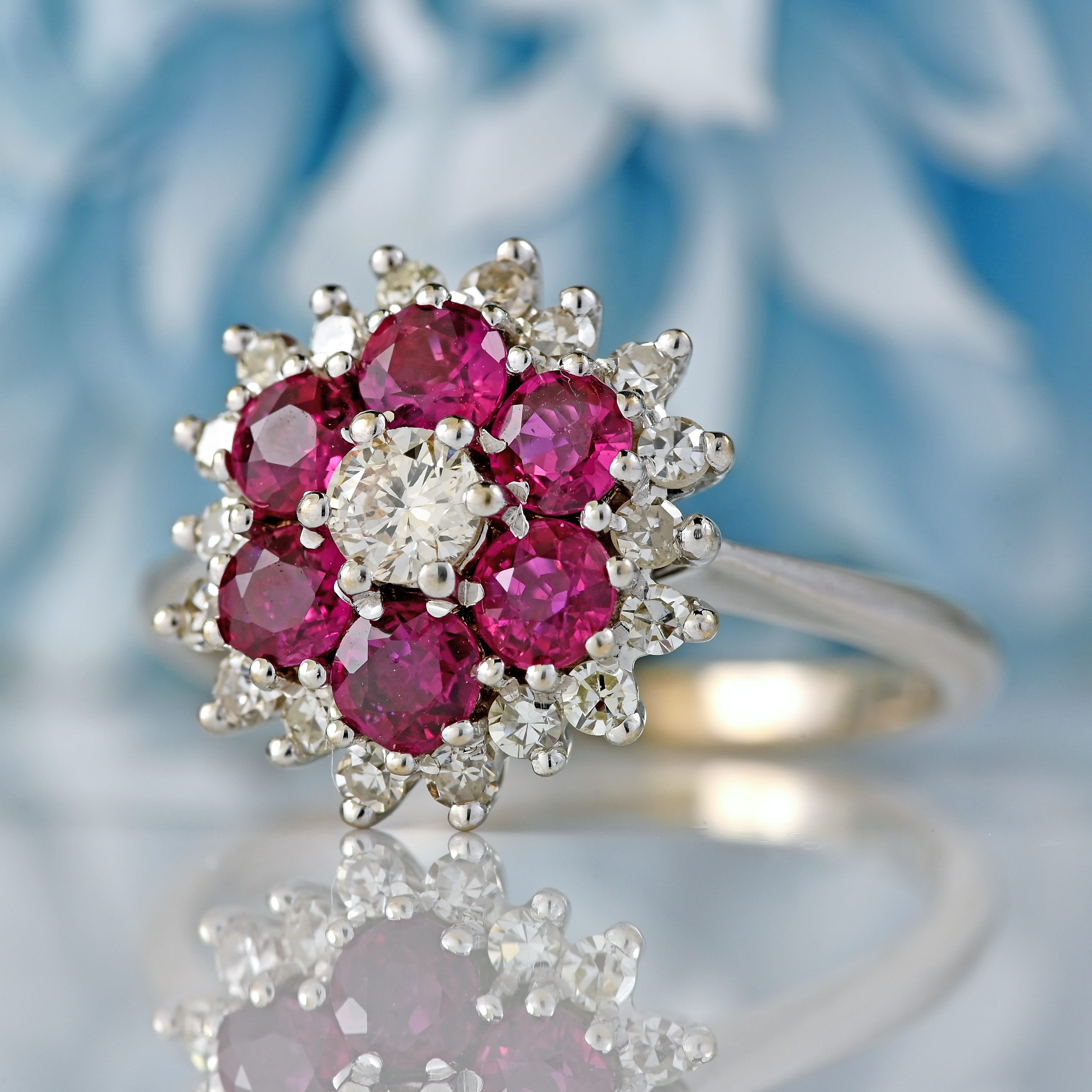 Ellibelle Jewellery Vintage 1978 Ruby & Diamond 18ct White Gold Cluster Ring