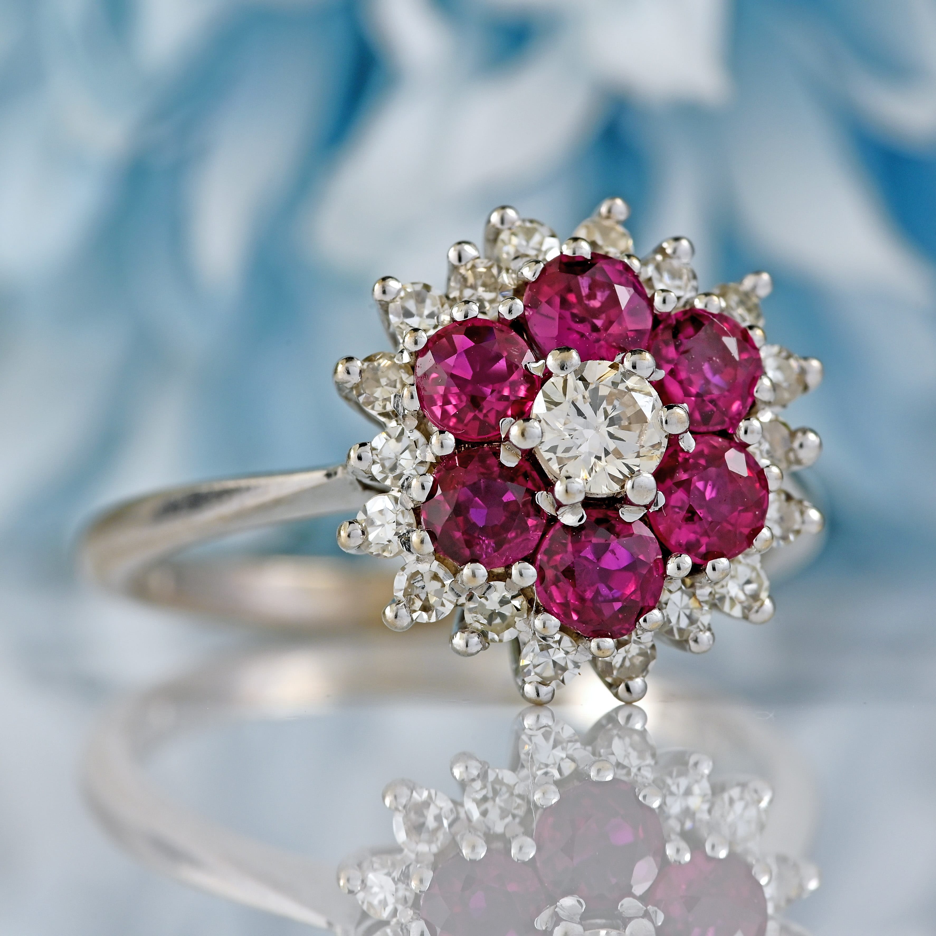 Ellibelle Jewellery Vintage 1978 Ruby & Diamond 18ct White Gold Cluster Ring