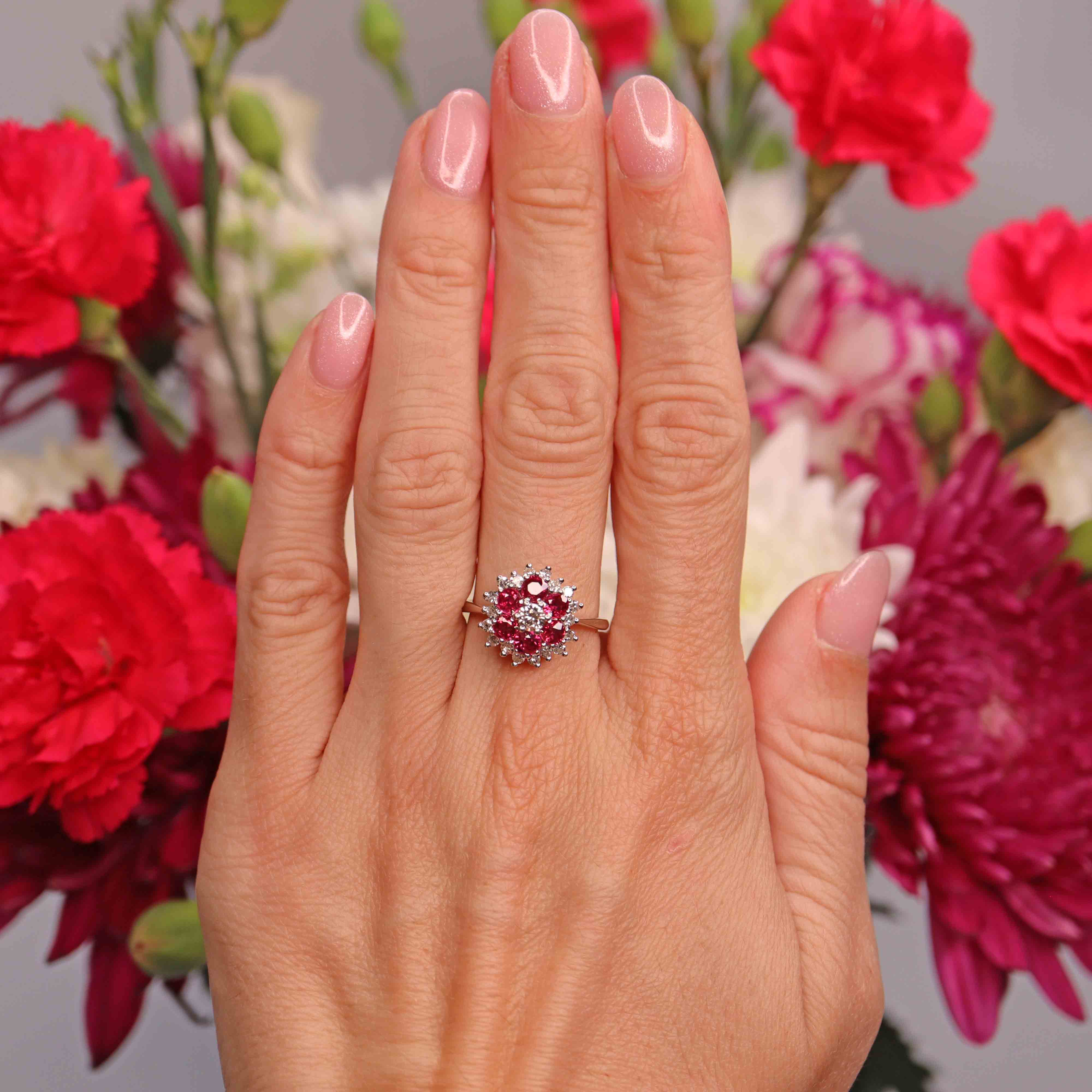 Ellibelle Jewellery Vintage 1978 Ruby & Diamond 18ct White Gold Cluster Ring